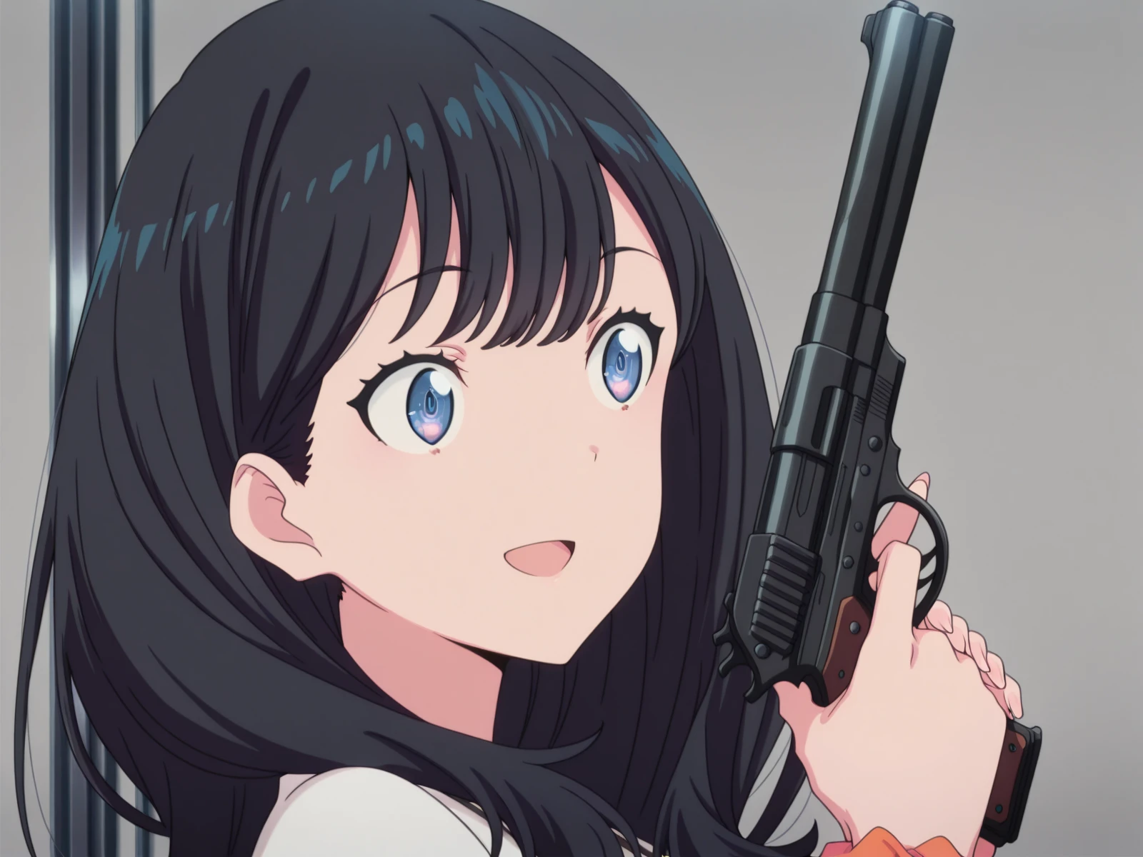 masterpiece, best quality, amazing quality,, <lora:rikka-takarada-s1-illustriousxl-lora-nochekaiser:1>, rikka takarada, takarada rikka, black hair, blue eyes, long hair, orange scrunchie, scrunchie, wrist scrunchie, mature female, medium breasts, anime screencap, <lora:lums-cell-duplicator-gun-illustriousxl-lora-nochekaiser:1>, solo, smile, open mouth, holding, upper body, weapon, holding weapon, gun, holding gun, handgun, looking to the side,, , ,