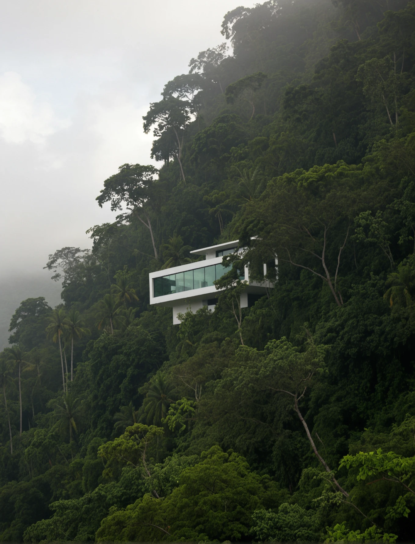 <lora:aidmaGPTimage:1> aidmagptimage A sleek, contemporary house with clean lines and minimalist architecture, positioned on the right side of the canvas, seamlessly emerging from a misty veil of clouds that blend into its structure. The house is nestled within a vibrant, emerald green hillside, surrounded by a lush, dense jungle teeming with tropical plants and trees of varying heights and textures. Dappled shadows dance across the landscape. The entire scene is bathed in soft, warm, cinematic light, evoking serenity and luxury. A subtle, dreamy haze softens the outlines, adding depth and an ethereal quality to the atmosphere.âââ
