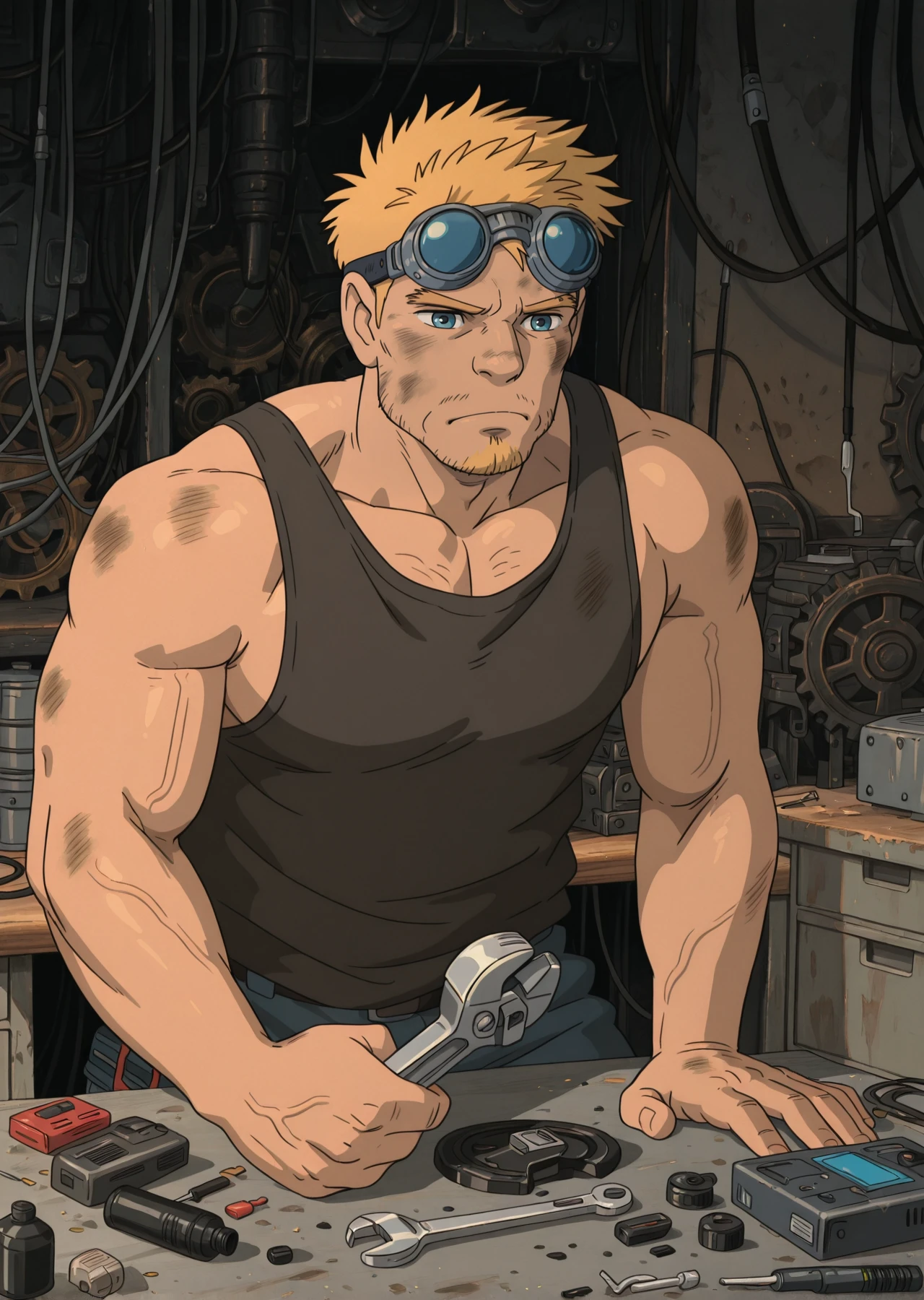 <lora:Damon_Baird_IL:1> damonbaird, 1boy, mature male, male focus, damonbaird, muscular, bara, blonde hair, short spiky hair, messy hair, workbench, indoor, beard stubble, goatee, animification, blue eyes, veins, cowboy shot, black short boxer, loose tank top, grumpy, holding machinery, wrench, screwdriver, goggles on, desk, repairing, repair, machinery on desk,  face, motor oil, oil splatter, dust, cables, gears, scrap <lora:Ghibli_MK2_style:1> ghiblistyle, masterpiece, best quality