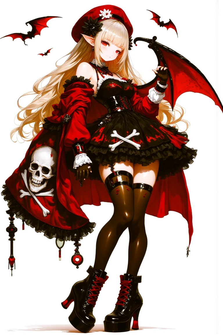Anime digital illustration shows a young girl dressed as a vampire, wearing a red and black outfit with a large red cape draped over her shoulders that has a skull and crossbones design, black thigh-high stockings with white polka dots, black high heels with red laces, and a red hat with a white flower on top. She has long blonde hair, and bats are flying around her against a white background, creating a dark and eerie mood.