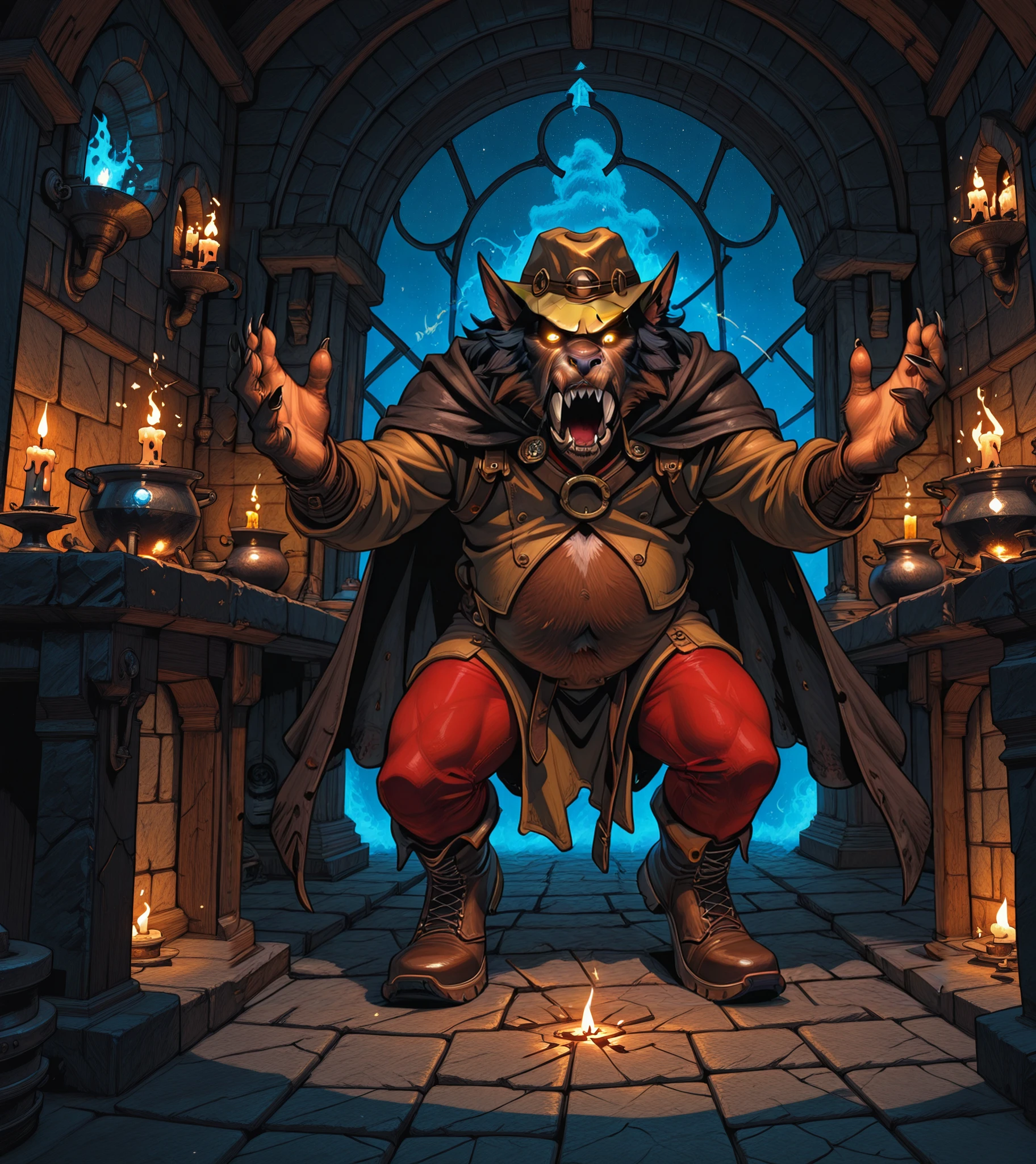 masterpiece, best quality, amazing quality, absurdres, newest, hyper realistic digital illustration, dark fantasy style, medium shot, high angle, 1boy and 1animal, a short heavy man is standing in mid-step with one leg raised hands over head and head tilted towards the sky , mouth open in a snarl of frustration, dark skin, brown skin stringy black hair, weathered face, hooked nose, huge crooked mouth, battered red broad-brim hat, tight yellow waist coat over pot belly, short leather cape, red leggings, pointed boots, scenery, interior, dark whimsical fantasy alchemist laboratory,mysterious 4lch3my sh0p, glowing bubbling potions, shattered beakers, floating magical orbs, twisted copper tubes, arcane scrolls, cracked stone floor, colorful liquids, trails of alchemical smoke, flickering candle-plus-eerie light, small furry creatures hiding in corners, highly detailed, expressive, chaotic motion, masterpiece, ultra-high-res , <lora:mysterious_4lch3my_sh0p-i:0.4> <lora:StS-Illustrious-Detail-Slider-v1.0:2>,<lora:lightingSlider:-0.5> , <lora:Midjourney_Image_Enhancer_ILL:0.8>,