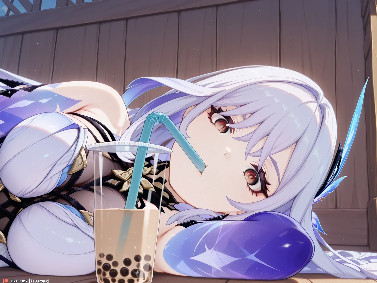 masterpiece, best quality, amazing quality,, <lora:genshin-skirk-ingame-illustriousxl-lora-nochekaiser:1>, skirk, skirt (genshin impact), long hair, bangs, hair ornament, hair between eyes, very long hair, red eyes, white hair, mature female, breasts, 3d,, <lora:airashiratori-drinking-milk-tea-illustriousxl-lora-nochekaiser:1>, airashiratori drinking milk tea, solo, looking at viewer, upper body, black eyes, cup, meme, drinking straw, drinking, bubble tea, on side, on floor,, , ,