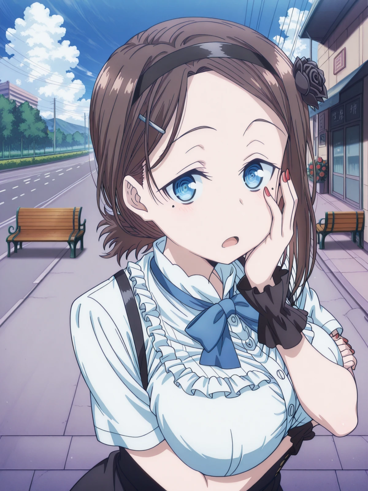 masterpiece, best quality, amazing quality,, <lora:tawawa-kouhai-s1-illustriousxl-lora-nochekaiser:1>, kouhai, kouhai-chan (tawawa), short hair, blue eyes, brown hair, hair ornament, hairclip, mole, mole under eye, mature female, large breasts, anime screencap,, <lora:dagashi-kashi-s1-key-visual-illustriousxl-lora-nochekaiser:1>, dagashi kashi, solo, looking at viewer, open mouth, skirt, hair ornament, bow, flower, short sleeves, outdoors, frills, hairband, sky, day, cloud, bowtie, hair flower, nail polish, wrist cuffs, rose, suspenders, red nails, hand on own face, high-waist skirt, breast hold, hand on own cheek, suspender skirt, ringed eyes, road, bench, black flower, sidewalk,, , ,