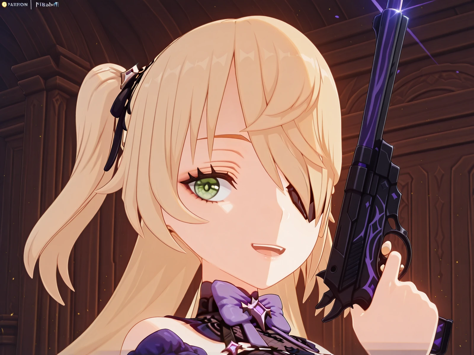 masterpiece, best quality, amazing quality,, <lora:genshin-fischl-ingame-illustriousxl-lora-nochekaiser:1>, fischl, fischl (genshin impact), long hair, bangs, blonde hair, ribbon, green eyes, hair ribbon, hair over one eye, two side up, eyepatch, mature female, small breasts, 3d, <lora:lums-cell-duplicator-gun-illustriousxl-lora-nochekaiser:1>, solo, smile, open mouth, holding, upper body, weapon, holding weapon, gun, holding gun, handgun, looking to the side,, , ,