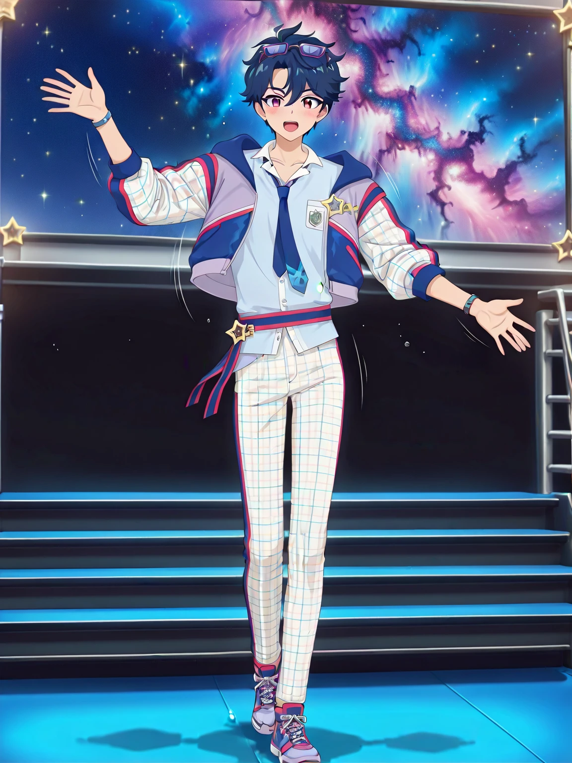 masterpiece, best quality, very aesthetic, absurdres,uncensored,(anime.anime screenshot),
1boy, male focus, solo, short hair,blue hair,pink eyes,jacket, necktie, pants,blue necktie, eyewear on head, watch, shoes, sneakers, shirt, star /(symbol/), wristwatch, (school_mates_cool, subaru_verse:1.2),<lora:subaru:0.8>
dancing,stage,idol,medium breasts,bouncing breasts,motion line,blush,nebula,starry sky,mad-nbla<lora:Space_Nebula_IL:0.7>