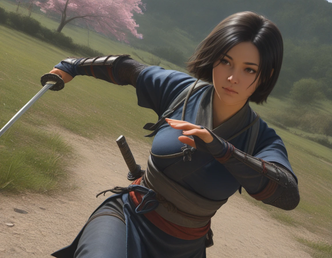 , <lora:IL_ACShadows_t5-81-64:1.0>,1girl, ACNaoe, breasts, black hair, brown eyes, short hair, dark blue ninja outfit, [red sash::0.3], ,  , dynamic angle, , outdoors, blossom trees, , serious, fighting stance, holding sword
, medieval, feudal japan, ancient japan,, (realistic:1.5), [3d::0.1], [watercolor \(medium\):0.1], [painting \(medium\):0.01], masterpiece, best quality,serious