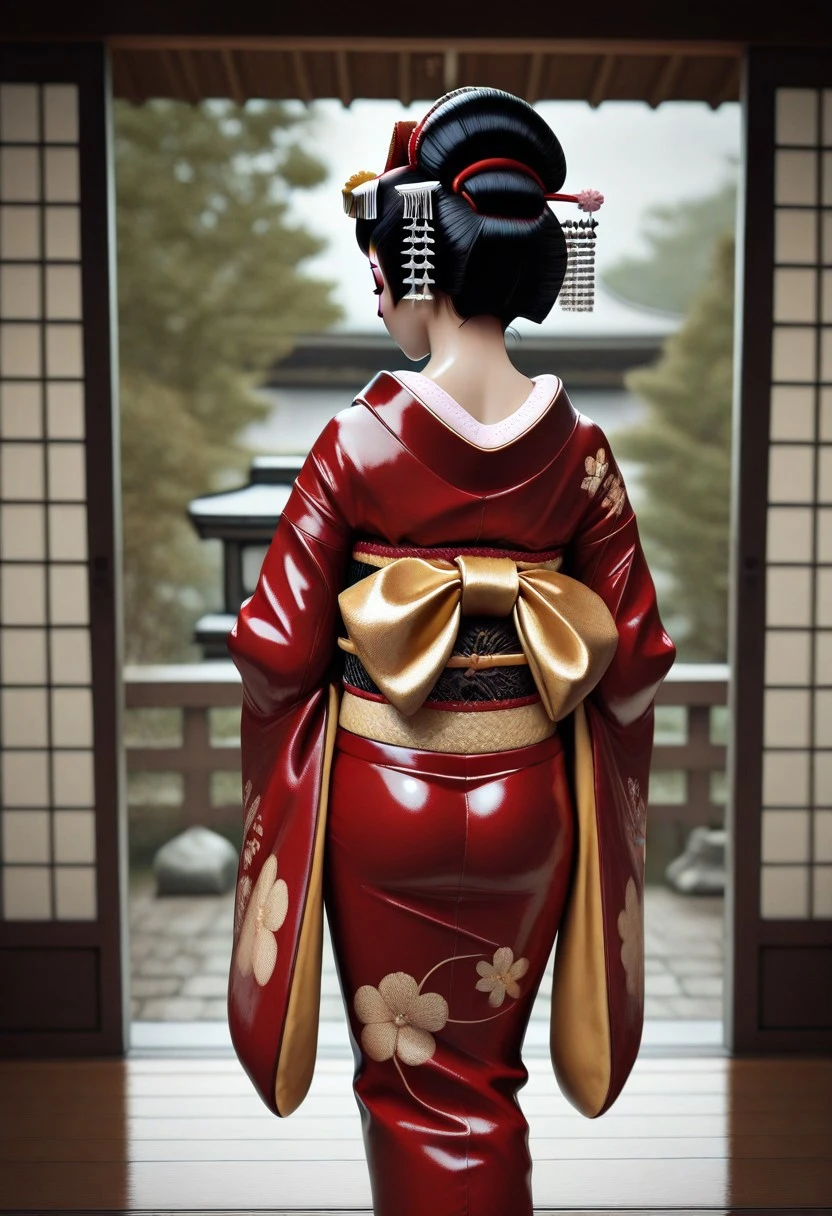 masterpiece,best quality,amazing quality, realistic, photo realistic, 3d, 1girl, japanese clothes, kimono, hair ornament, kanzashi, obi, sash, makeup, from behind