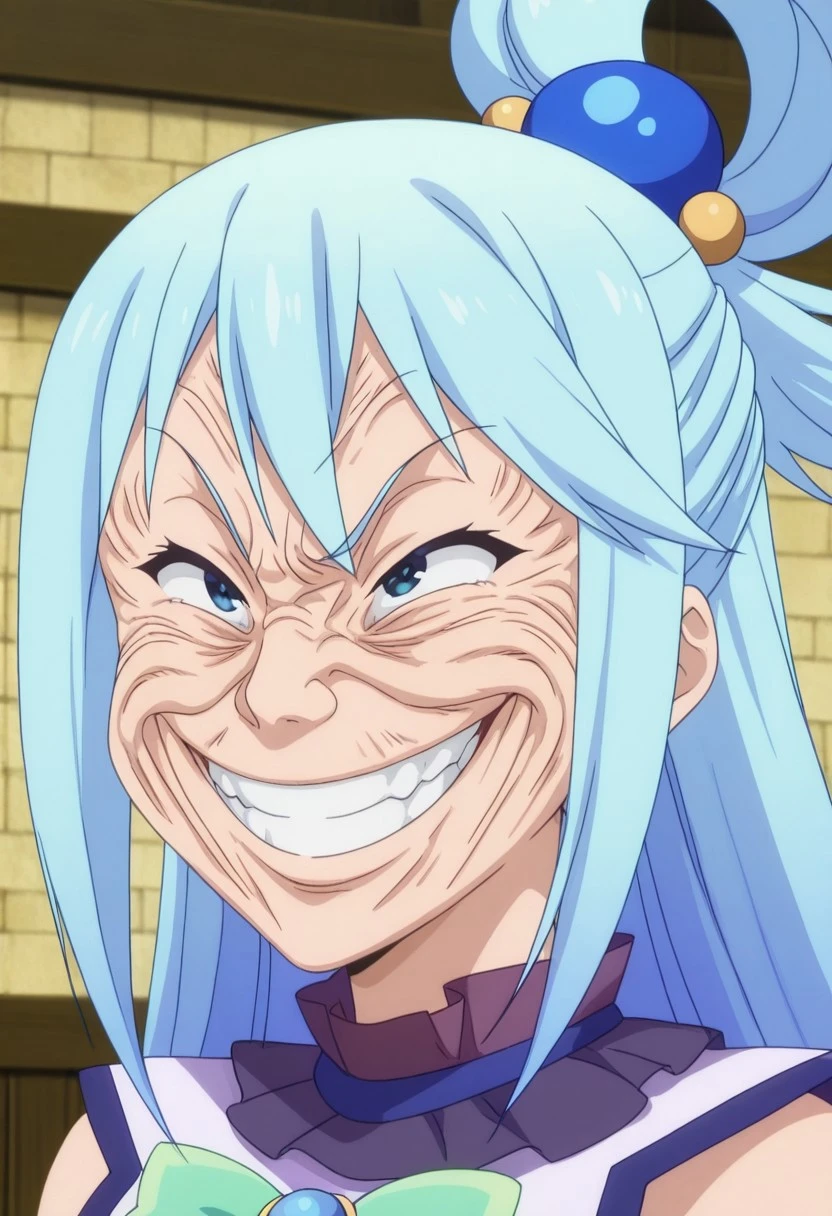 (((ultra detailed, masterpiece, high quality, )))
,
((( grinning face, exaggerated smile, wrinkled expression, meme face, )))
,
((( 1girl, solo )))
,
((( aqua (konosuba), long hair, blue eyes, hair ornament, very long hair, blue hair, hair rings, single hair ring, hair bobbles, , anime screencap )))
,
((( )))
,
((( )))
,
((( )))
,
((( )))