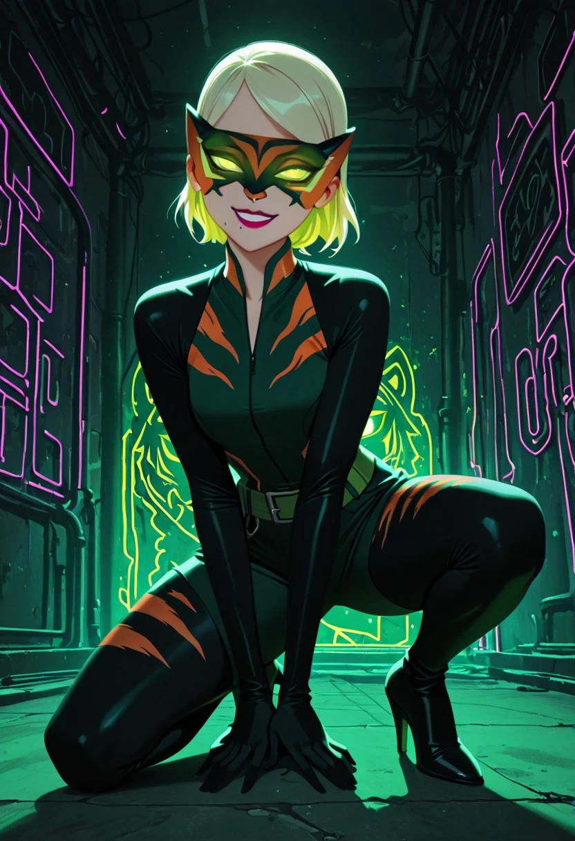 masterpiece, best quality, amazing quality, intricate detail, highly detailed, solo, 1girl, Tigress_CS, blonde hair, short hair, , lipstick, one mole, mask, night-goggles, glowing green eyes,  black jumpsuit, green jumpsuit, skin tight, orange stripes,  light-green belt, black thigh-high heel boots,, looking at viewer, , ultra detailed, dynamic pose, evil smile, BREAK, colorful background, neon light background, tiger stripes on background,