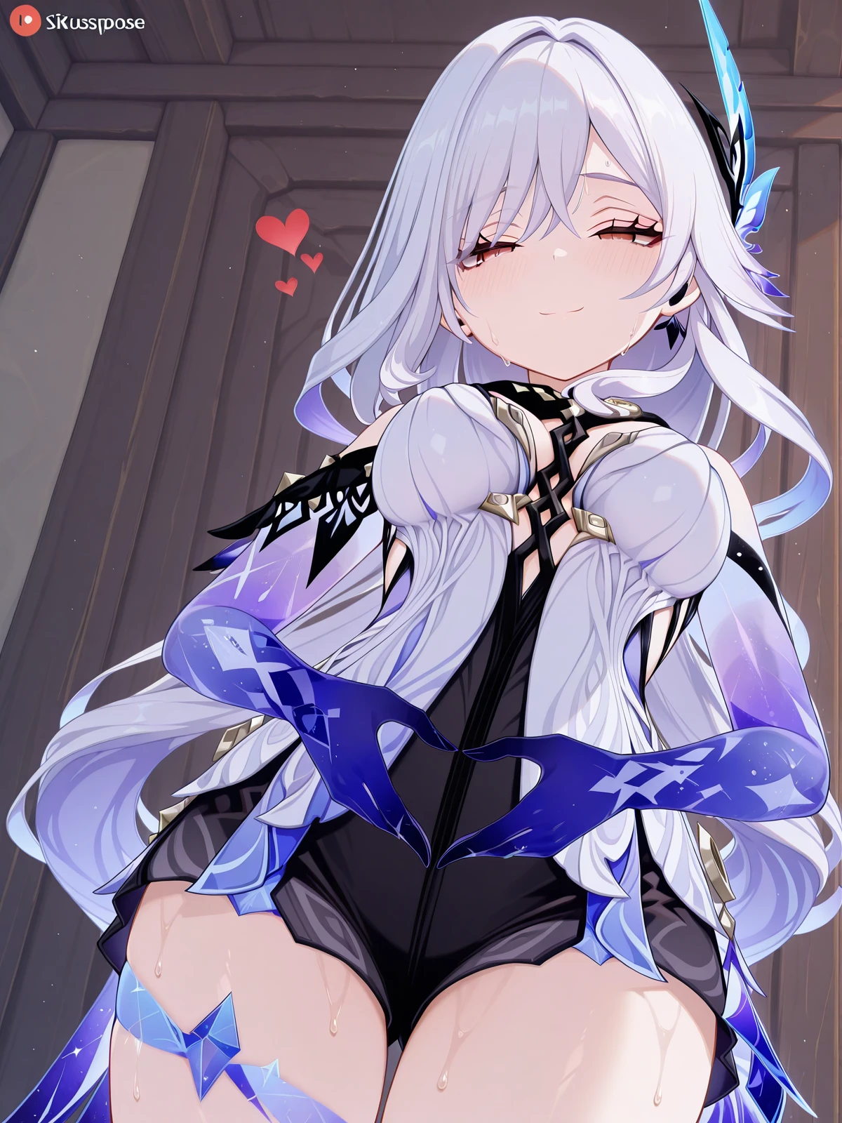 masterpiece, best quality, amazing quality,, <lora:genshin-skirk-ingame-illustriousxl-lora-nochekaiser:1>, skirk, skirt (genshin impact), long hair, bangs, hair ornament, hair between eyes, very long hair, red eyes, white hair, mature female, breasts, 3d,, <lora:uterus-pose-illustriousxl-lora-nochekaiser:1>, uteruspose, solo, looking at viewer, blush, smile, closed mouth, standing, heart, cowboy shot, sweat, heart hands, torogao, half-closed eyes, from below, looking down,, , ,