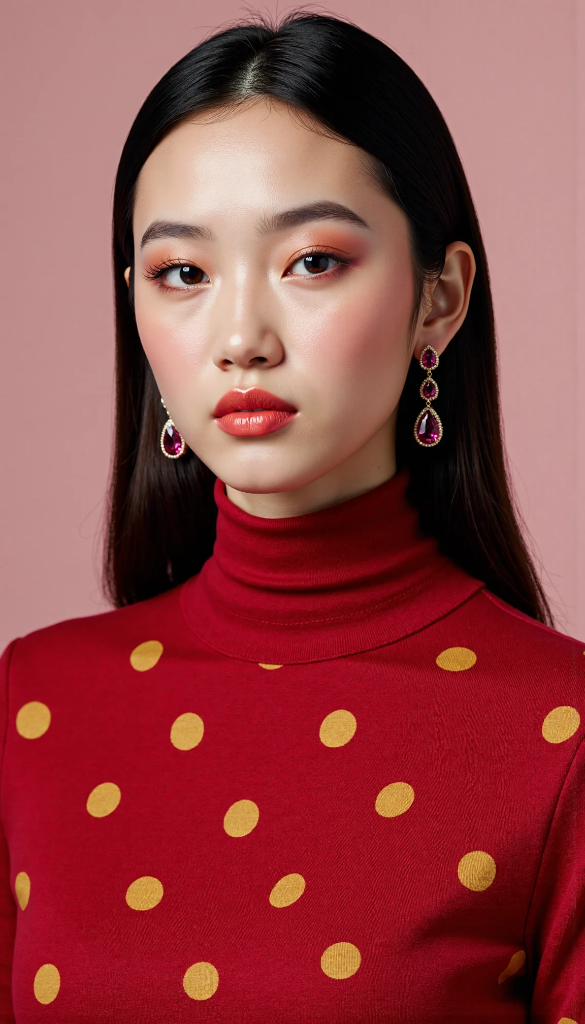 fashionportrait. A close-up portrait of a young Asian woman with long, straight dark hair, wearing a red turtleneck sweater with yellow polka dot. She has a neutral expression, with her lips slightly parted. She is wearing gold-colored earrings with a large ruby-like gemstone. The background is a plain, light pink color. The lighting is soft and even, highlighting her Perfect porcelain skin.