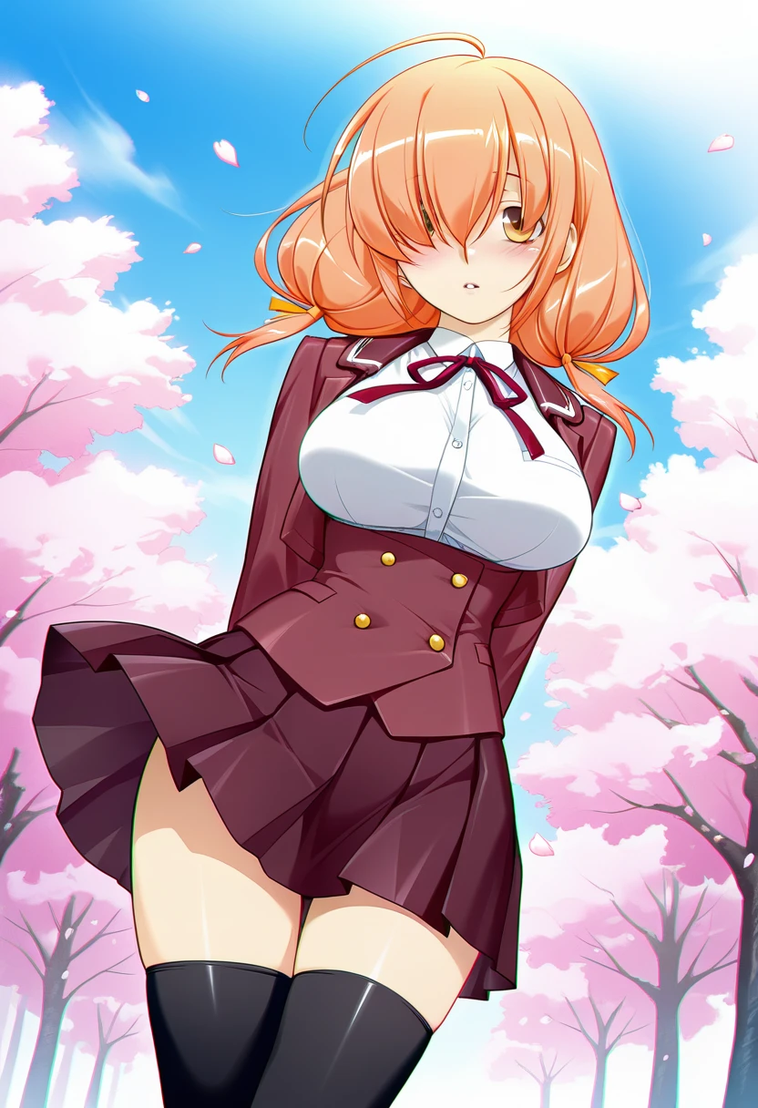 ultra detailed, masterpiece, best quality, amazing quality, very aesthetic, absurdres, Artstation style, 
1girl, solo, m1kam1_m@i,orange hair, long hair, brown eyes, hair over one eye, hair ribbon, large breasts, shiny skin, BREAK  school uniform, blazer, pleated skirt, long sleeves, framed breasts, zettai ryouiki, black thighhighs, 
standing, arms behind back, blush, looking at viewer, cherry blossom tree, blue sky,(petals:1.3),wind,(chromatic aberration:1.3) <lora:mikami mai  v1.0-000012:0.9>