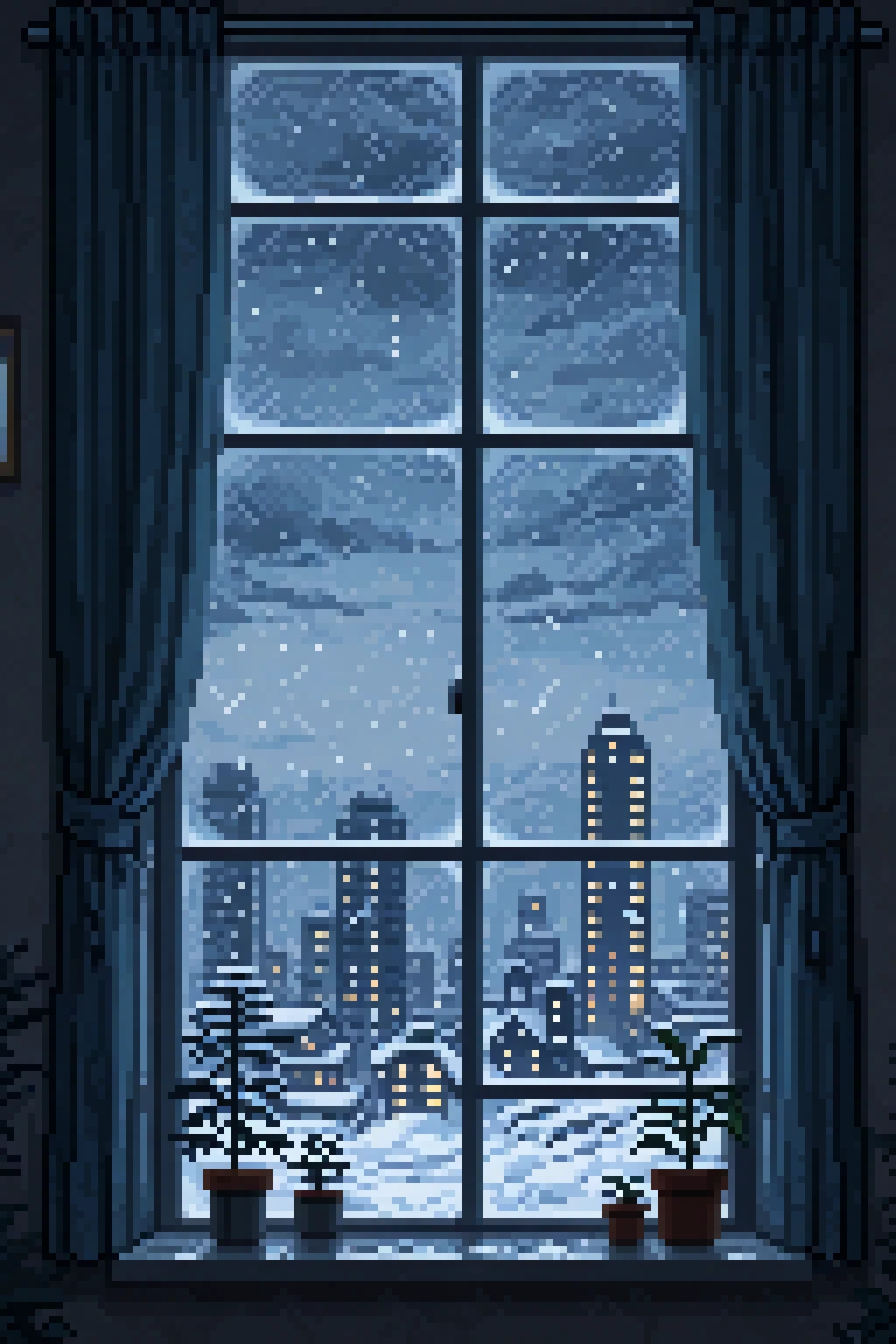 pixpix, 8-bit, pixel_art, limited_palette, , sky, indoors, cloud, no_humans, window, night, cloudy_sky, plant, curtains, building, scenery, snow, snowing, city, potted_plant, cityscape, dark, winter, skyscraper, city_lights, grey_sky, looking_outside, windowsill