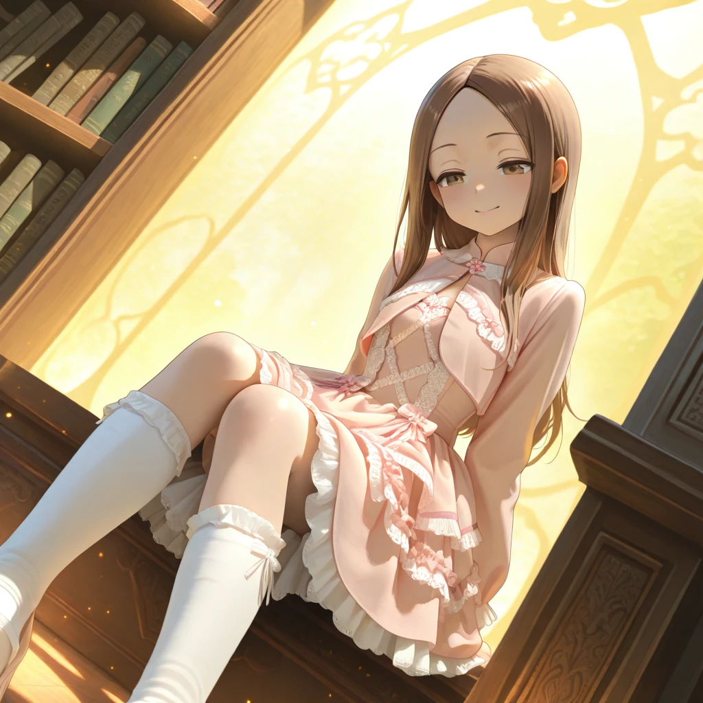1girl, <lora:SWdress_illustrious:0.8>,SWdress, cropped_jacket, long sleeves, lace trim, frills, layered skirt, puffy dress, cross-laced dress, buttons,waist_ribbon,pink dress,frilled dress,white socks, frilled socks, kneehighs,ribbon footwear,mary janes,ancient library, glowing books, magical atmosphere, floating lights, mysterious aura, calm smile, half-closed eyes, serene expression,takagi-san,, masterpiece, best quality, amazing quality, newest,detailed face, beautiful eye