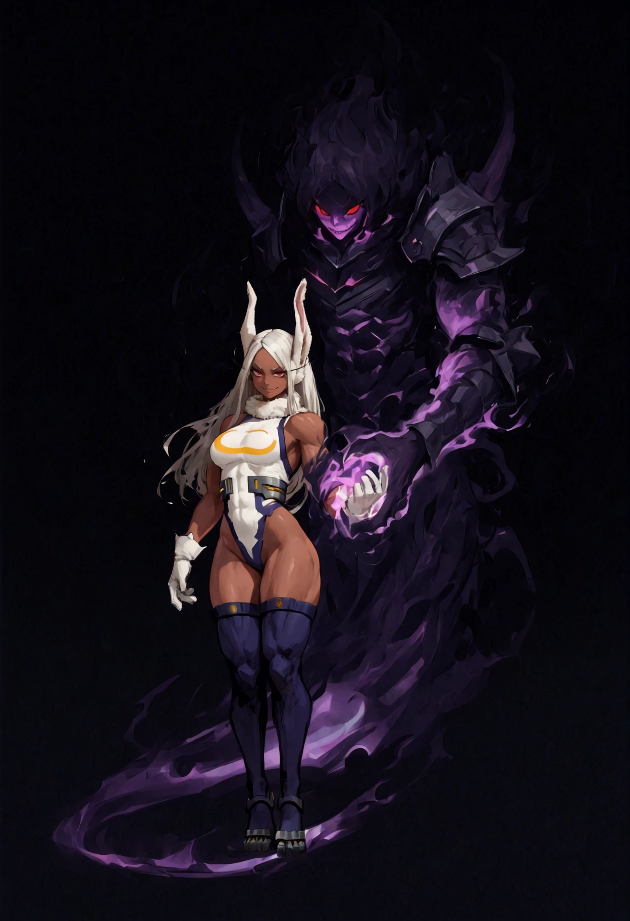 masterpiece, best quality, absurdres, painterly, simple background, black background, 1girl, 1other, full body, <lora:Summon:1>
1girl, mirko, dark-skinned female, thick thighs, muscular, abs, rabbit girl, rabbit ears, white hair, long hair, parted bangs, long eyelashes, red eyes, white gloves, fur collar, white leotard, blue thighhighs, looking at viewer, evil smile, closed mouth, 
1other, spirit, monster, aura, demon, armor, magic, faceless,