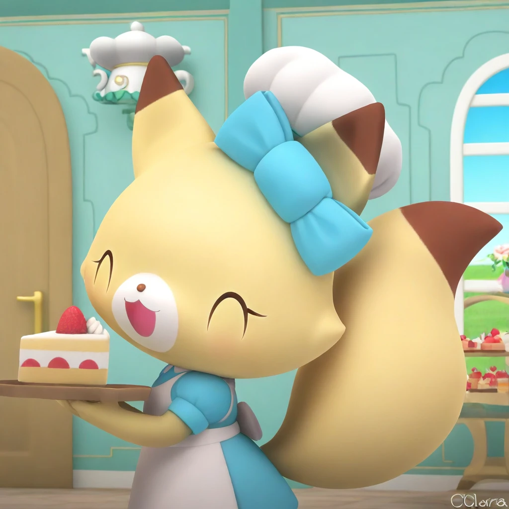 (yellow skin, food, open mouth, light blue mary janes shoes, clothed pokemon, upper body, from side, :3, cosplay, apron, light blue and white collared apron dress, blue bow, dress, animal ears, ear ornament, cake slice, artist name, ^ ^, cake, white fox snout, closed mouth, fruit, bodyfur), ball, light blue puffy short sleeves, holding, 2girls, dark brown nose, flower, blue sky, chef hat, grass, dot eyes, hair bow, tail, blue dress, window, sky, light blue bow, white peter pan collar, door, outdoors, slippers, :<, full body, yellow fur, tray, indoors, brown eartips, phone, furry female) clarafox, walking, bow, smile, standing, looking at viewer