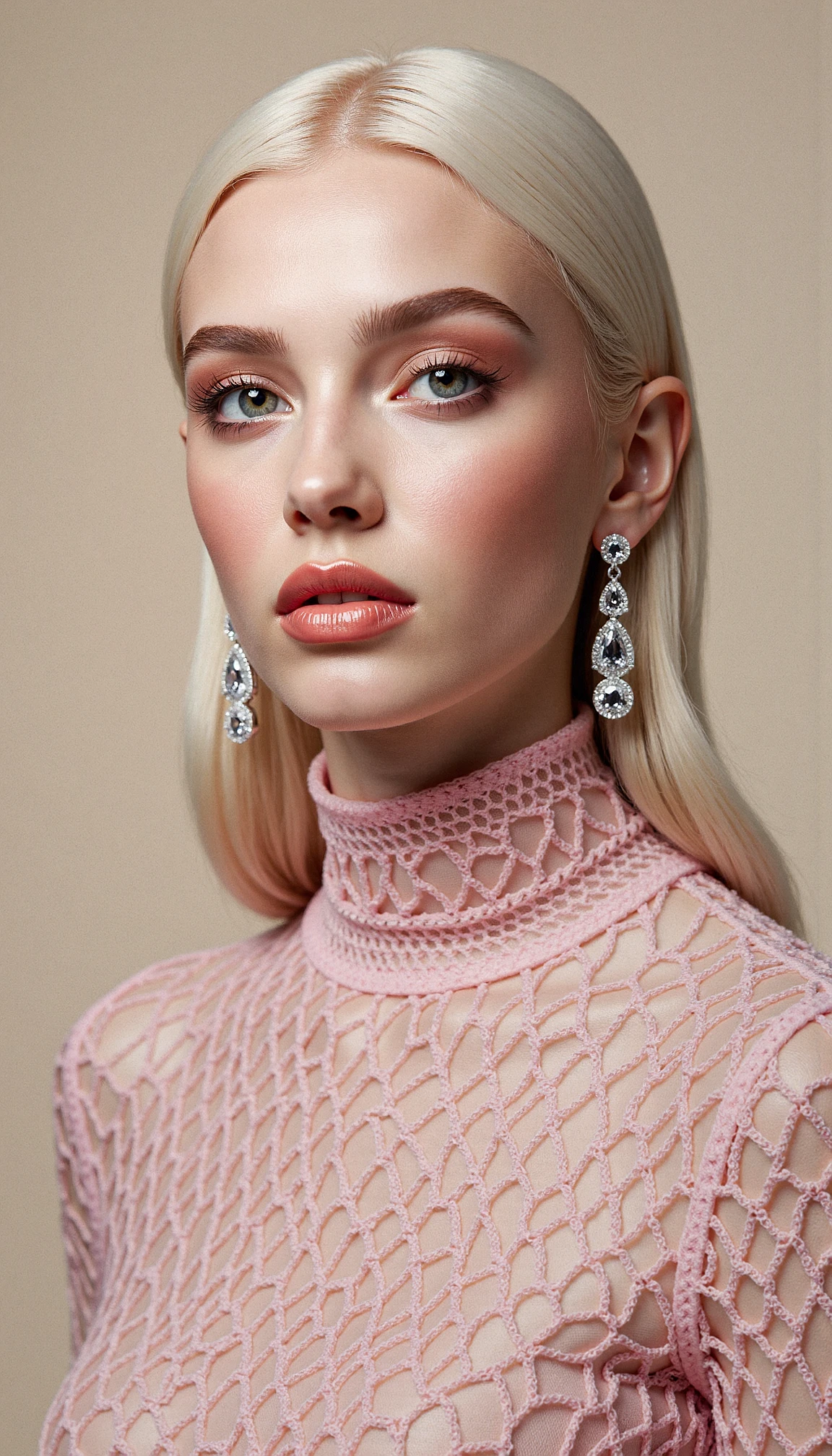 fashionportrait. A close-up photograph of a young albino woman with pale skin and long, straight blonde hair, wearing a pink lace turtleneck sweater. She has smooth silky skin, gray eyes, and is wearing large, sparkling diamond earrings. Her lips are slightly parted. The background is a plain, neutral beige color. The Perfect porcelain skin.