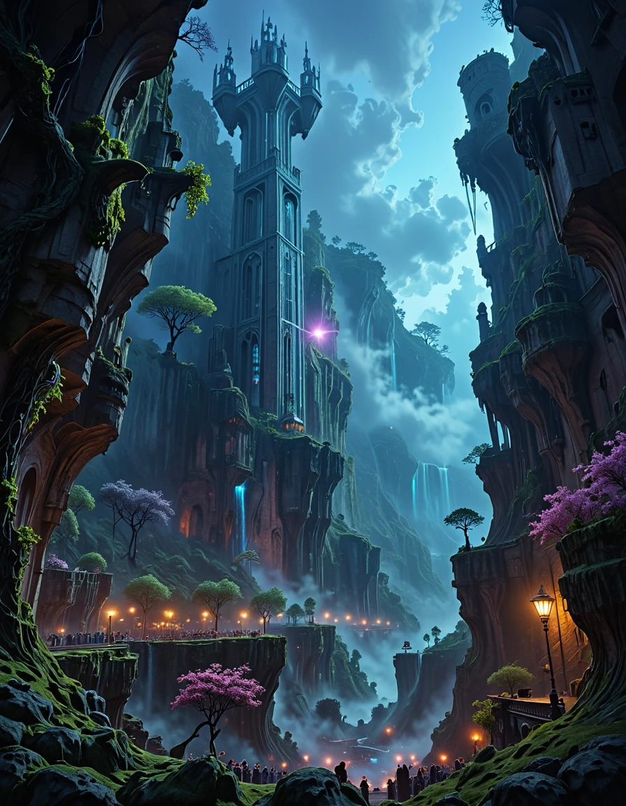 <lora:MW_Roma02flux:1> SP02, space nebula, medieval city, outdoors, clouds, moss, majestic medieval city inside a vast canyon, glowing with magical lights, towering spires carved from ancient stone, shimmering waterfalls cascading from high cliffs, bioluminescent trees and ivy, focus on a group of people gathered in ceremonial robes, wedding ceremony, flower petals swirling in the wind, peaceful twilight ambiance, enchanted atmosphere, ambient haze, fantasy illustration style, highly detailed, cinematic composition, tortured tree,