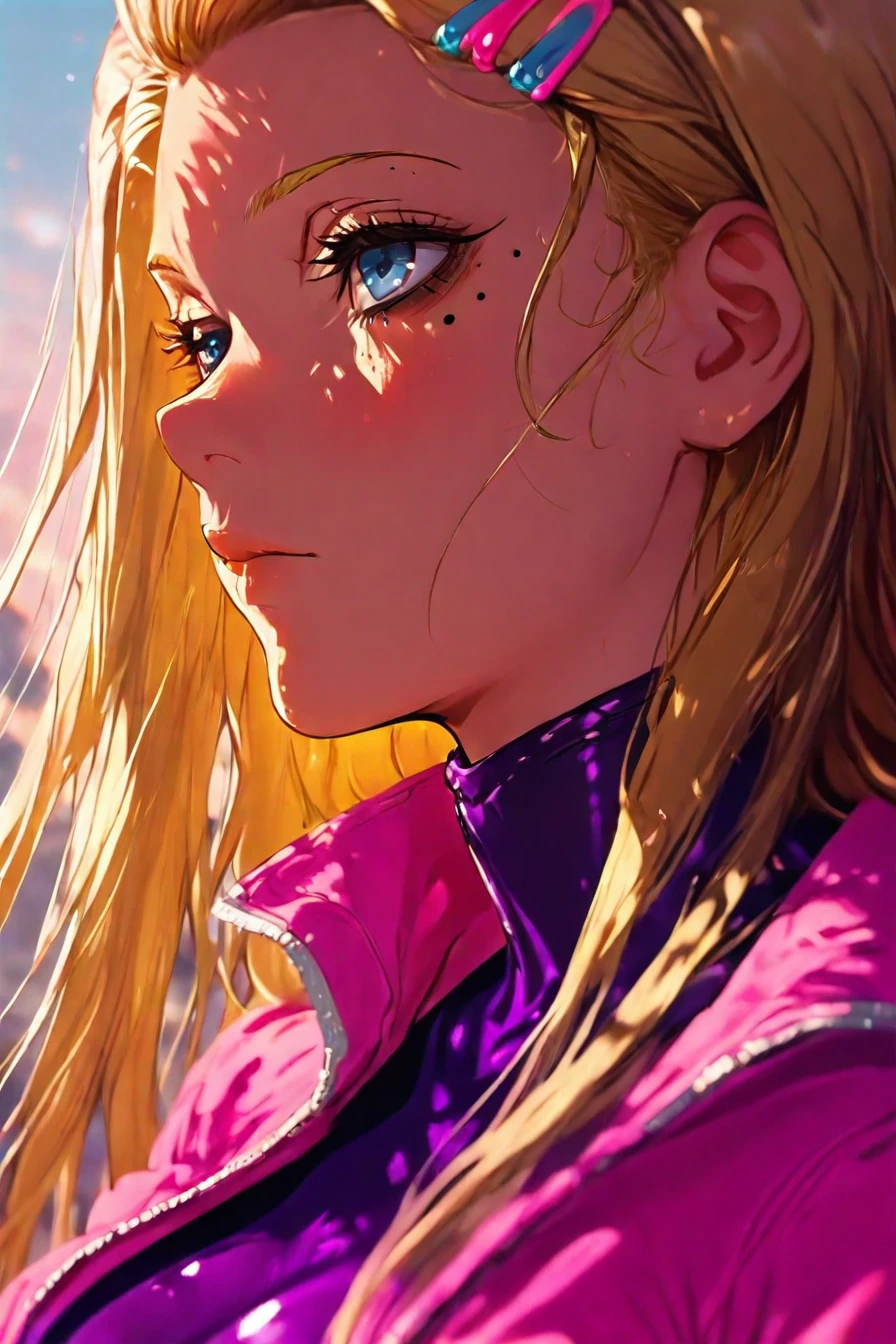 fuurinji miu, blonde hair, long hair, blue eyes, mole under right eyes, slim waist, large breast, pink jacket, purple bodysuit, hairclip, 1girl, solo, alone, <lora:anime_portrait_wallpaper-000031:1>, anime_portrait_wallpaper, portrait, masterpiece, highres