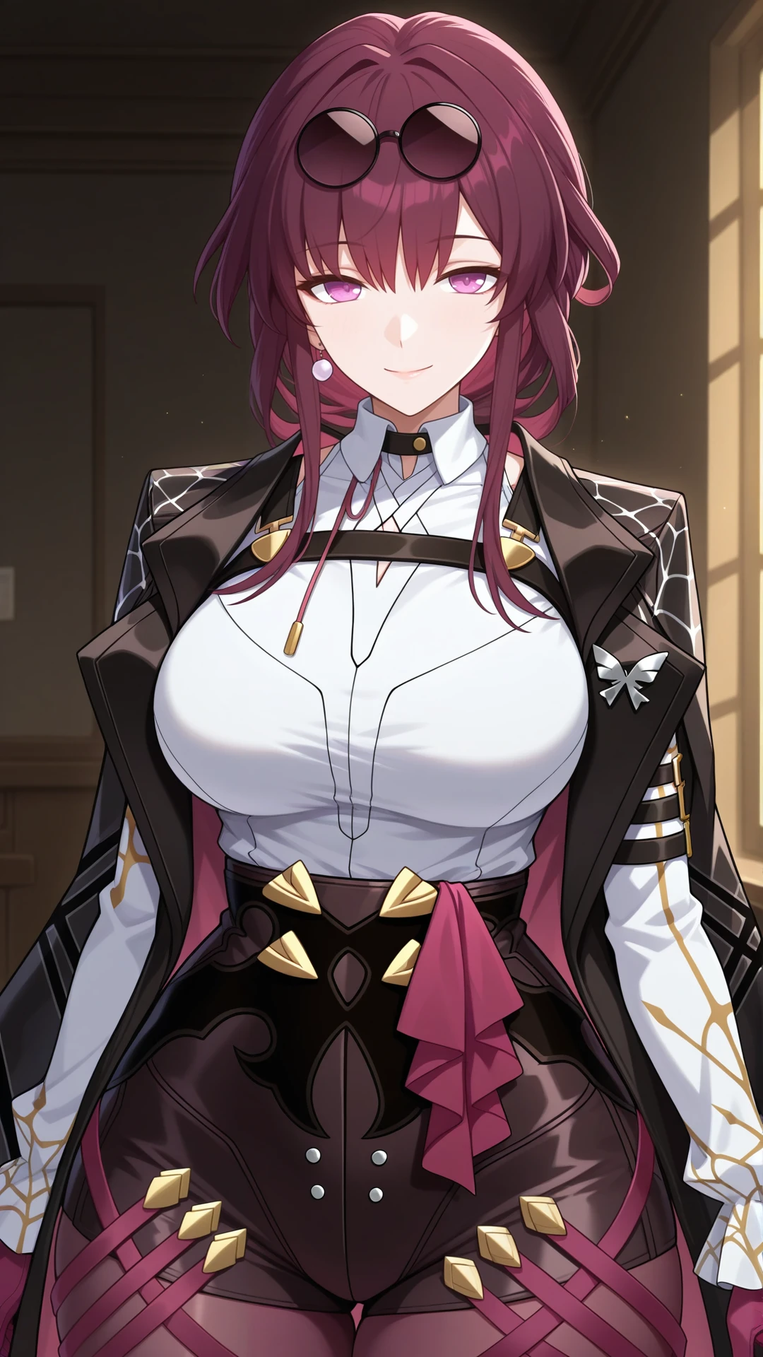 anime coloring, highres, anime screenshot, dramatic lighting, intricate details, masterpiece, best quality, absurdres, depth, looking at the viewer, <lora:Kafka_XL-20:0.9> Kafka_XL, sidelocks, eyewear on head, round eyewear, purple-tinted eyewear, 1girl, , ((huge )), ((curvy )), thick thighs, Kafka_XL, 1girl, solo, looking at viewer, smile, shirt, multiple girls, closed mouth, jewelry, jacket, white shirt, upper body, sidelocks, earrings, collared shirt, choker, indoors, black jacket, black choker, sunglasses, portrait, eyewear on head, black coat, round eyewear, purple-tinted eyewear, gloves