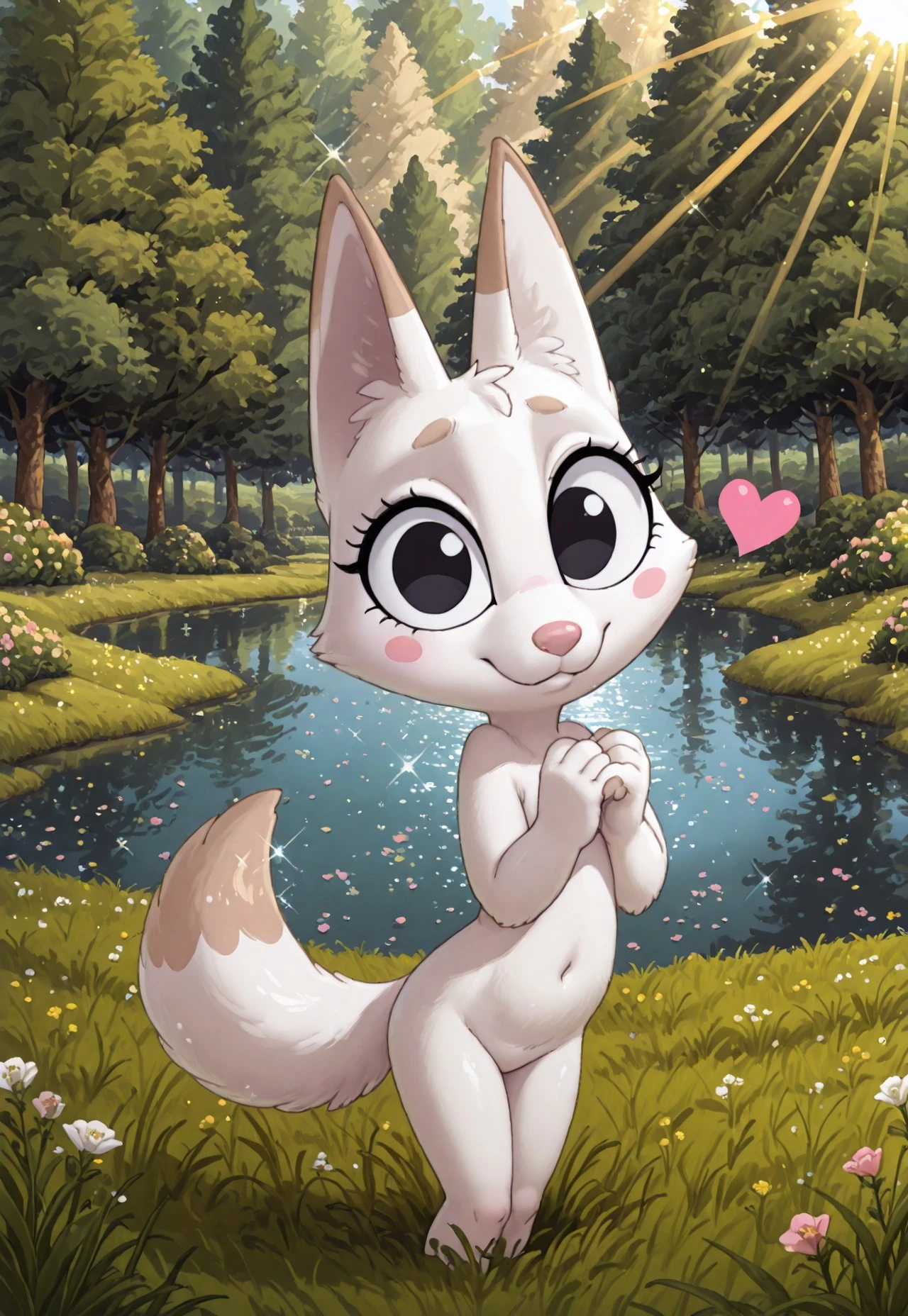 (cutecore, kawaiicore) ((halfbody)) (looking at viewer)1girl, (anthro, furry, furry female) kon, fox, (white skin, white fur, bodyfur) white fox ears, light brown eartips, white fox snout, pink nose, white fox tail, light brown tailtip, black hair curl, big eyes, black eyes, blush stickers, ((detailed scenery, detailed background)), outside, afternoon, verdant park, marsh, (verdant greenery, trees, lush bushes, grass, grassy lawn, wildflowers, water, lake, sunlight, sun rays, hearts, sparkles, glitter))