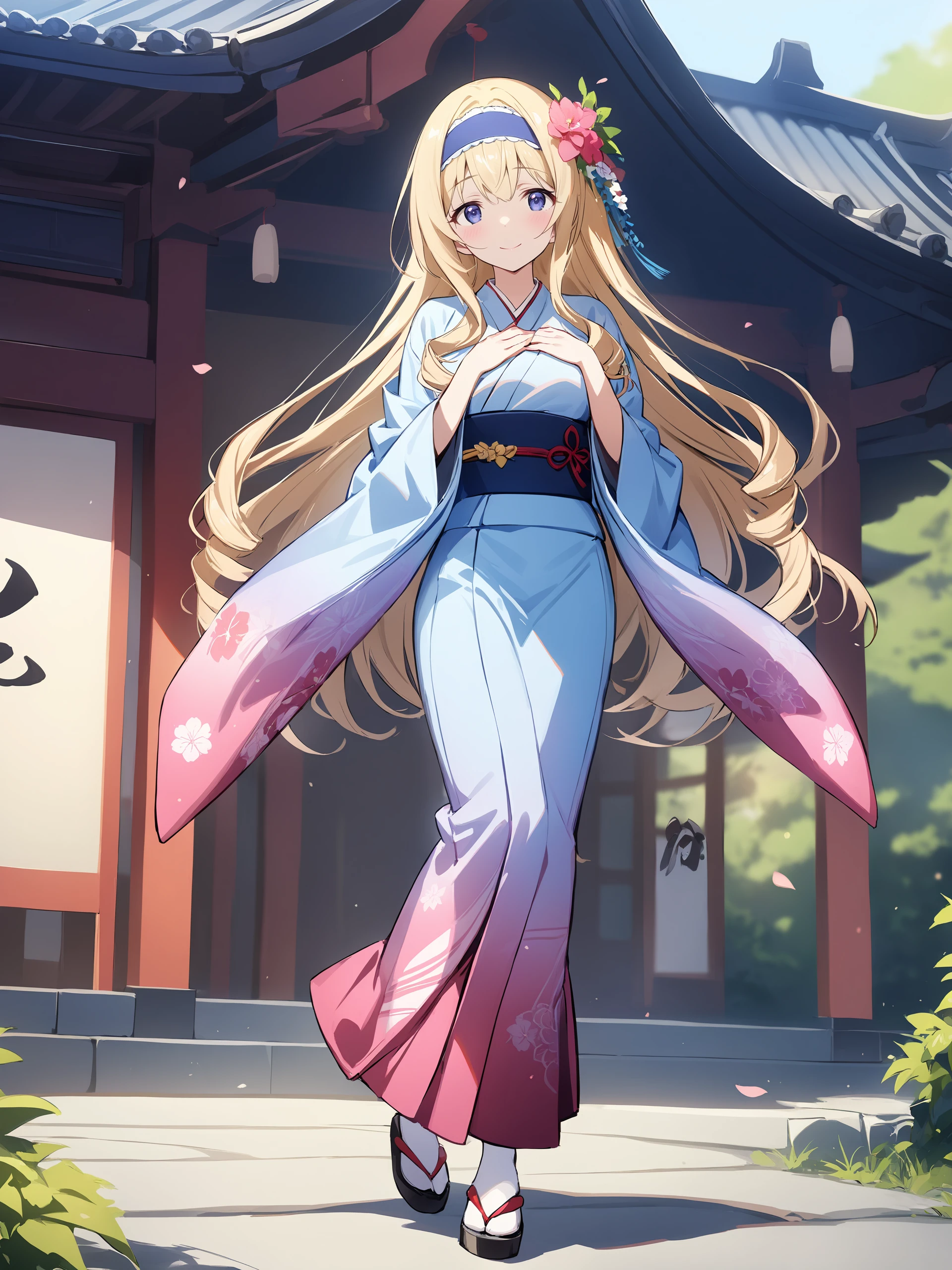 illustration, incredibly absurdres, ultra detailed, masterpiece, best quality, perfect features, intricate details, ray tracing, very aesthetic, (ask \(askzy\), hiten \(hitenkei\):0.6),  <lora:Char-IS-Cecilia-V1-SDXL:0.9:hr=0.6> 1girl, cecilia alcott, blue hairband, solo, kimono, hair flower, obi, sash, tabi, zouri, standing, full body, hands on own chest, light smile, east asian architecture, outdoors, blurry background