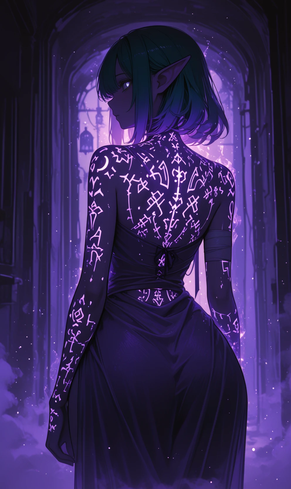 Gl9w, masterpiece, best quality, ultra-detailed, cinematic lighting, moody atmosphere, haunted abandoned village, soft fog, glowing highlights, streetlight illumination, misty purple-blue ambiance, magical lighting effects
from behind, peeking over shoulder, 1girl, high elf, glowing arcane runes on skin, turquoise hair, shoulder-length beach waves, dark green eyes, glowing eyes, confident expression
wrapped in bandage-style outfit, bath towel loosely draped, shirt off, elegant undergarment visible, wide hips, curvy figure, slim waist, tasteful sensuality, soft glowing skin, subtle magic aura
vivid accent colors: purple, cyan, green, yellow, orange, magenta, red, enchanted environment, fantasy setting, glowing particles, magical fog, ambient shadows, sketch-like lines, soft texture, ethereal glow