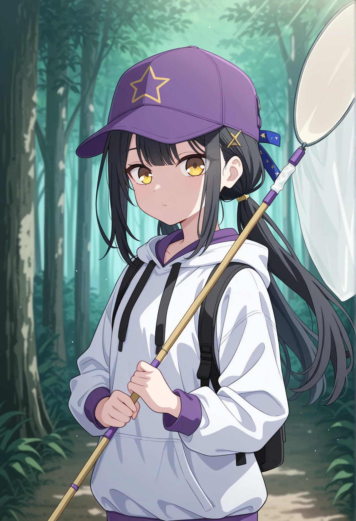 anime coloring, 1girl, solo, low twintails, black hair, long hair, yellow eyes, purple baseball cap, hair ornament, star print, white hoodie, outdoors, forest, sunlight, holding butterfly net, looking at viewer, dappled sunlight, hand in own hipr <lora:Miyu_2025:1>, masterpiece, best quality, amazing quality, very aesthetic, absurdres, highres, newest