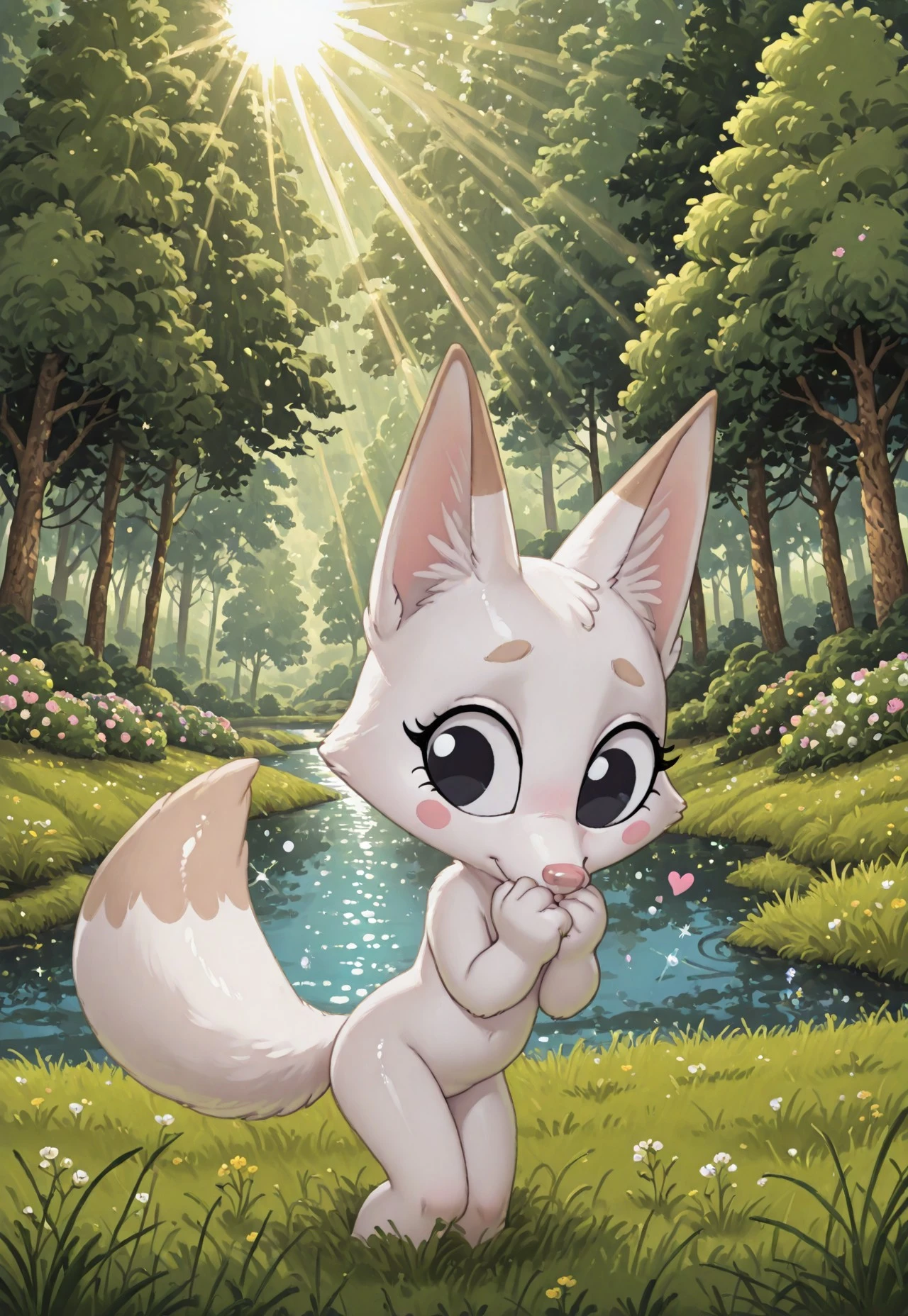 (cutecore, kawaiicore) 1girl, (anthro, furry, furry female) kon, fox, (white skin, white fur, bodyfur) white fox ears, light brown eartips, white fox snout, pink nose, white fox tail, light brown tailtip, hair curl, big eyes, black eyes, blush stickers, ((detailed scenery, detailed background)), outside, afternoon, verdant park, marsh, (verdant greenery, trees, lush bushes, grass, grassy lawn, wildflowers, water, lake, sunlight, sun rays, hearts, sparkles, glitter)