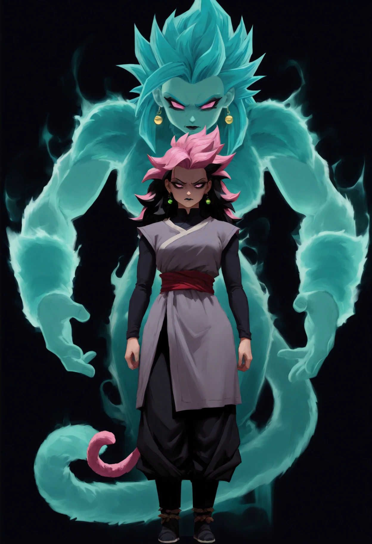 masterpiece, best quality, absurdres, painterly, simple background, black background, 1girl, 1other, full body,  <lora:Summon:1>
1girl, black eyeshadow, black lips, makeup, mascara, monkey tail, pink tail, multicolored hair, black hair, pink hair, spiked hair, long hair, pink eyes, super saiyan, black shirt, grey tunic, long sleeves, black pants, red sash, potara earrings, green earrings, looking at viewer, disgust, shaded face, closed mouth, arms at sides, outstretched arms, 
1other, aura, giant monster, kaiju