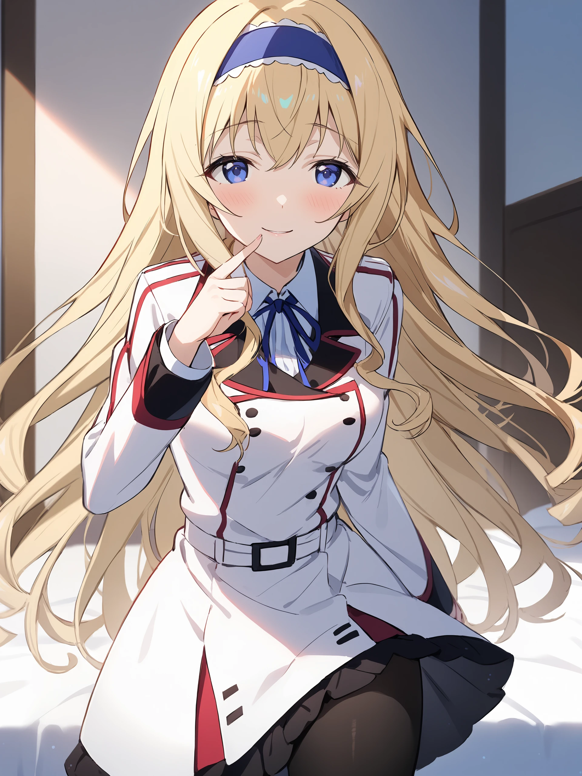 illustration, incredibly absurdres, ultra detailed, masterpiece, best quality, perfect features, intricate details, ray tracing, very aesthetic, (ask \(askzy\), hiten \(hitenkei\):0.6), <lora:Char-IS-Cecilia-V1-SDXL:0.9:hr=0.6> 1girl, cecilia alcott, blue hairband, solo, blue neck ribbon, infinite stratos academy school uniform, black pantyhose, looking at viewer, seductive smile, ecstasy, gasping, finger to cheek, standing, cowboy shot, bedroom, indoors, blurry background
