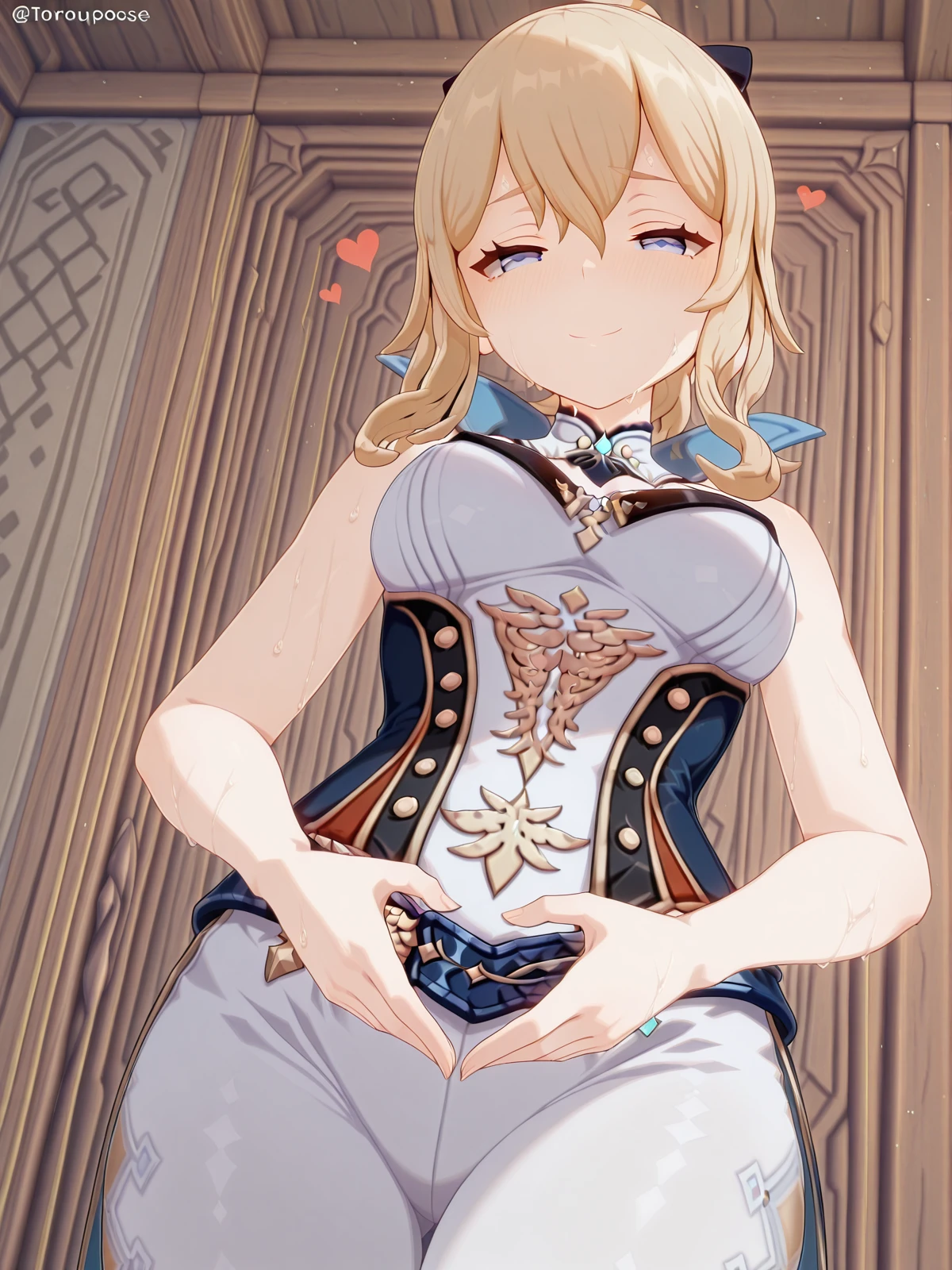 masterpiece, best quality, amazing quality,, <lora:genshin-jean-ingame-illustriousxl-lora-nochekaiser:1>, jean, jean (genshin impact), long hair, bangs, blue eyes, blonde hair, bow, hair between eyes, ponytail, hair bow, sidelocks, mature female, breasts, 3d,, <lora:uterus-pose-illustriousxl-lora-nochekaiser:1>, uteruspose, solo, looking at viewer, blush, smile, closed mouth, standing, heart, cowboy shot, sweat, heart hands, torogao, half-closed eyes, from below, looking down,, , ,