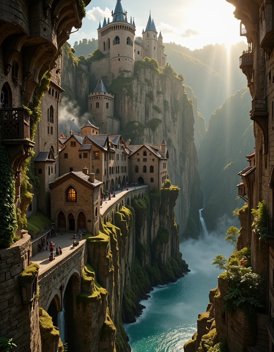 <lora:MW_Roma02flux:1>SP03, waves, medieval city built inside a vast canyon, towering stone cliffs, ancient stone bridges connecting medieval buildings across the canyon walls, narrow winding streets, gothic towers carved into the rock, flags fluttering in the wind, wooden balconies jutting from cliffside homes, waterfalls cascading down canyon walls, moss-covered bricks, sunbeams piercing through the canyon above, ambient golden light, deep shadows, smoke rising from chimneys, birds circling overhead, epic fantasy setting, cinematic perspective, highly detailed architecture, natural rock textures, magical ambiance, vast depth, warm color palette,