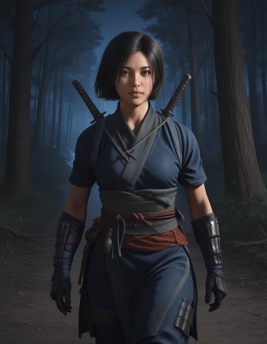 , <lora:IL_ACShadows_t5-81-64:1.0>,1girl, ACNaoe, gloves, black hair, brown eyes, short hair, dark blue ninja outfit, [red sash::0.3], sword on back, walking, forest, night, trees , masterpiece, best quality, realistic,, (realistic:1.5), [3d::0.1], [watercolor \(medium\):0.1], [painting \(medium\):0.01], masterpiece, best quality,serious