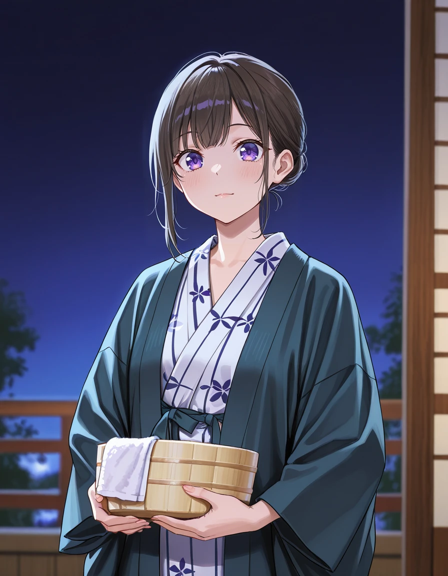 score_7_up, anime BREAK official art, 
<lora:noyu:1>, noyu, 
1girl, solo, naked towel, 
blurry, japanese clothes, night, upper body, holding, yukata, wooden washbowl, haori, jacket, 
(masterpiece:1.3), best quality, high resolution, unity 8k wallpaper, extremely detailed CG, 8K, (watercolor \(medium\), muted color, sketch:1.1), perfect anatomy, highly finished, masterpiece, best quality, high quality, amazing quality, great quality, very aesthetic, ultra detailed, highres, absurdres, highly detailed, highly detailed background,