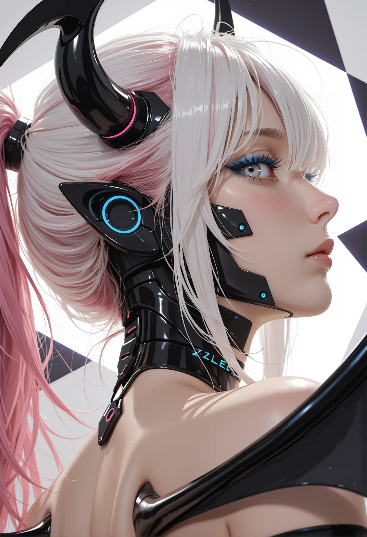 mature woman,
(cyber-doll, cyber-body accents),
succubus,
choker, 
skin pressed, black dress, wings, 
blue lashes, long lashes, very awa, 
multicolored background, black inked, zigzag_background, white,
white hair, pink hair, messy hair, ponytail, long hair, bangs, long bangs, gray eyes,
portrait, profile, back view, tilted angle, close up, upper body with face focus, from below,
looking at viewer, tilted head, 
blush, leer,
(neon)