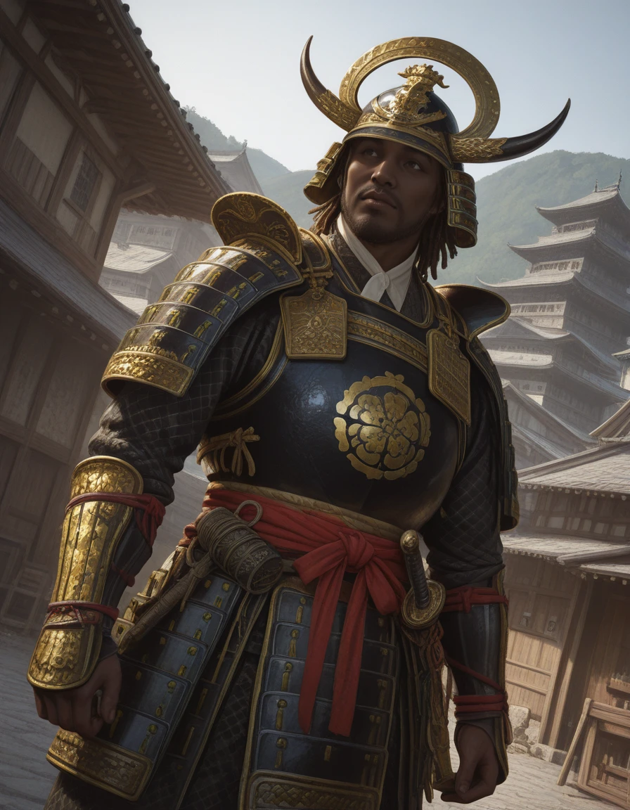 , <lora:IL_ACShadows_t5-81-64:1.0>,1boy, acyasuke, facial hair, dark-skinned male, brown hair, samurai armor, dynamic angle , ancient japan, village, japanese castle, medieval, helmet
, medieval, feudal japan, ancient japan,, (realistic:1.5), [3d::0.1], [watercolor \(medium\):0.1], [painting \(medium\):0.01], masterpiece, best quality,