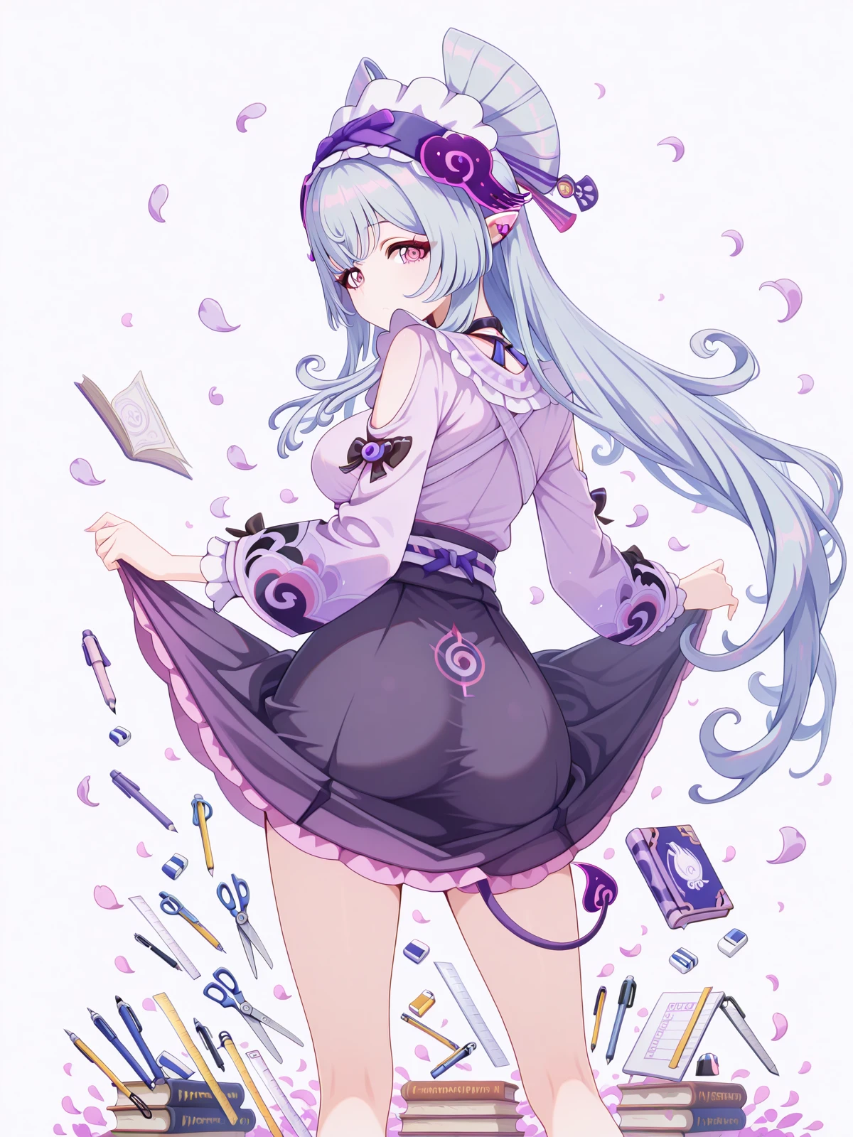 masterpiece, best quality, amazing quality,, <lora:genshin-mizuki-yumemizuki-ingame-illustriousxl-lora-nochekaiser:1>, mizuki yumemizuki, yumemizuki mizuki, long hair, purple eyes, tail, grey hair, hairband, pointy ears, pink eyes, mature female, medium breasts, 3d, <lora:senjougaharahitagi-skirt-lift-pose-illustriousxl-lora-nochekaiser:1>, senjougaharahitagi skirt lift pose, solo, skirt, looking back, from behind, clothes lift, book, petals, skirt lift, skirt hold, pen, pencil, scissors, eraser, mechanical pencil, ruler, boxcutter, impossible storage,, , ,
