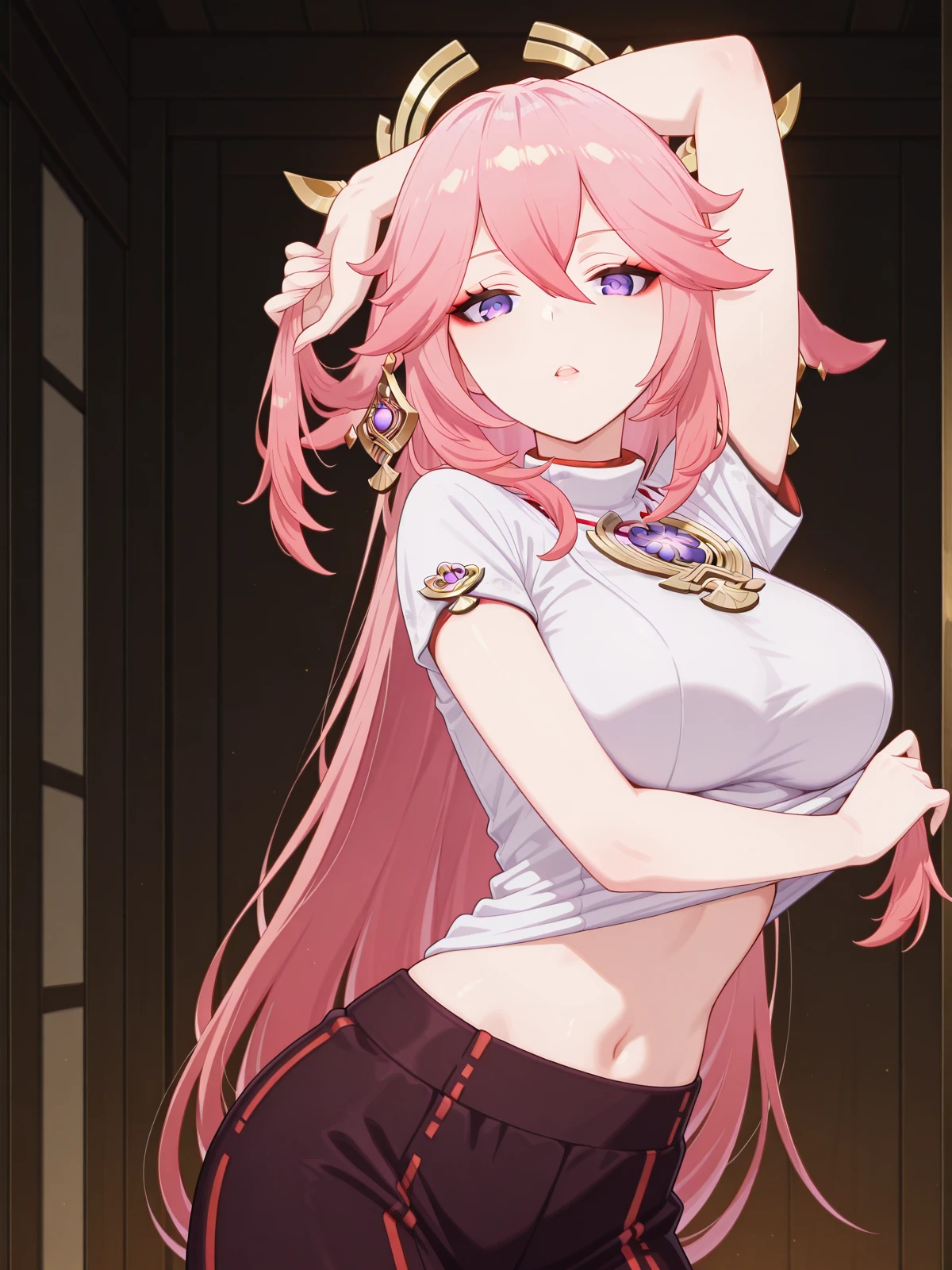 masterpiece, best quality, amazing quality,, <lora:genshin-yae-miko-ingame-illustriousxl-lora-nochekaiser:1>, yae miko, animal ears, floppy ears, fox ears, hair between eyes, long hair, pink hair, purple eyes, pink hair, mature female, breasts, 3d,, <lora:senjougaharahitagi-arm-up-pose-illustriousxl-lora-nochekaiser:1>, senjougaharahitagi arm up pose, solo, looking at viewer, open mouth, cowboy shot, parted lips, arm up, shirt lift, holding hair,, , ,