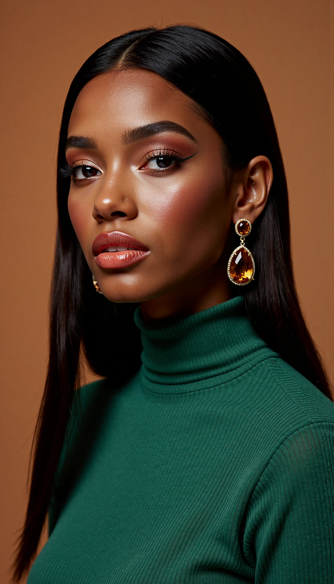 fashionportrait. A close-up portrait of a dark-skinned woman with long, straight dark hair, wearing a green turtleneck sweater. She has a neutral expression, with her lips slightly parted. She is wearing large, gold-colored earrings with a large, amber-like gemstone. The background is a solid, warm orange color. The lighting is Perfect porcelain skin.