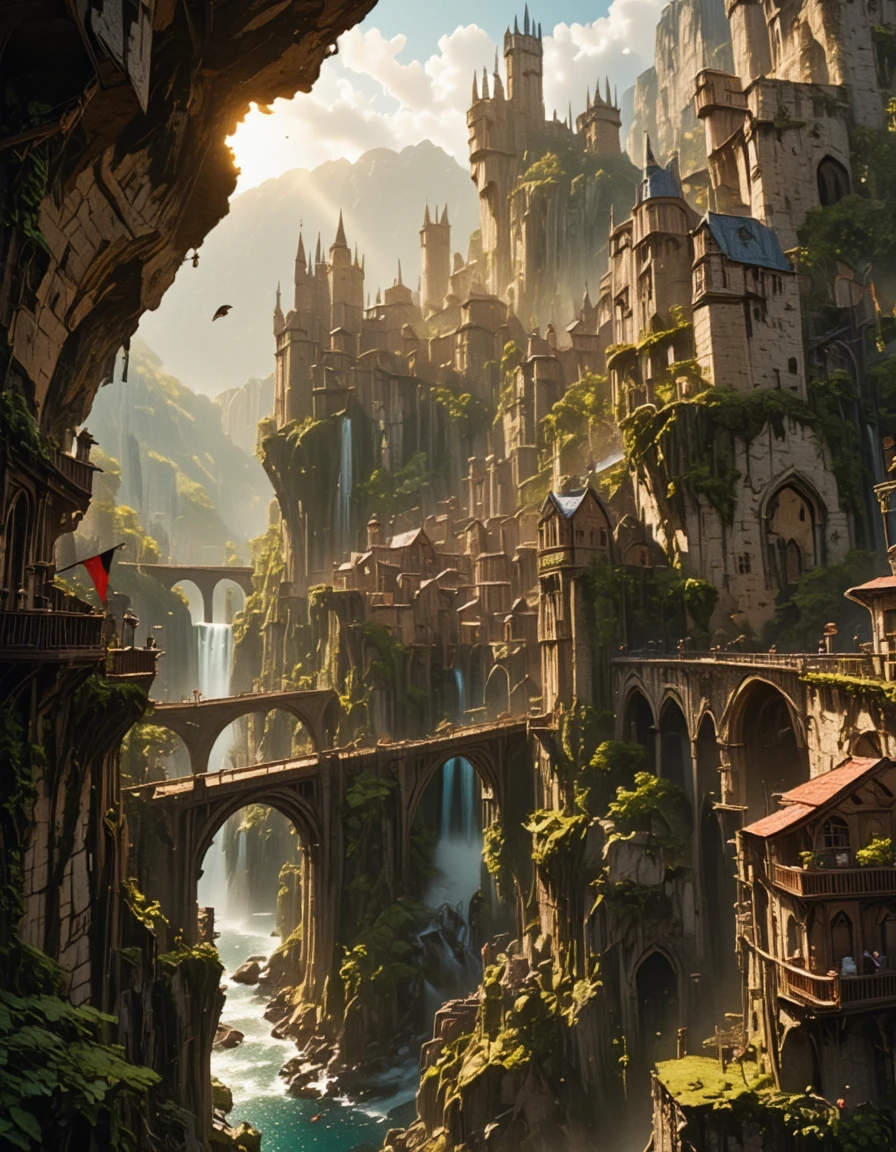 <lora:MW_Roma02flux:1>SP03, waves, medieval city built inside a vast canyon, towering stone cliffs, ancient stone bridges connecting medieval buildings across the canyon walls, narrow winding streets, gothic towers carved into the rock, flags fluttering in the wind, wooden balconies jutting from cliffside homes, waterfalls cascading down canyon walls, moss-covered bricks, sunbeams piercing through the canyon above, ambient golden light, deep shadows, smoke rising from chimneys, birds circling overhead, epic fantasy setting, cinematic perspective, highly detailed architecture, natural rock textures, magical ambiance, vast depth, warm color palette,