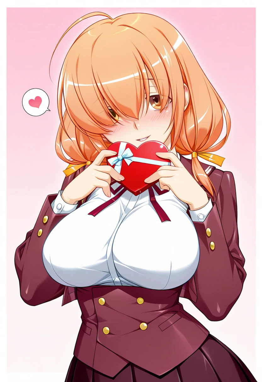 masterpiece, best quality, amazing quality, very aesthetic, absurdres, ultra detailed, intricate,
1girl, solo, m1kam1_m@i,orange hair, long hair, brown eyes, hair over one eye, hair ribbon, large breasts, shiny skin, BREAK school uniform, blazer, pleated skirt, long sleeves, framed breasts,
lovestruck, shy smile, parted lips, blush, head tilt, looking at viewer, spoken heart, standing, holding heart gift, hand over own mouth, gradient background, pink background, front view, upper body, highly detailed, best hands <lora:mikami mai v1.0-000012:0.8>