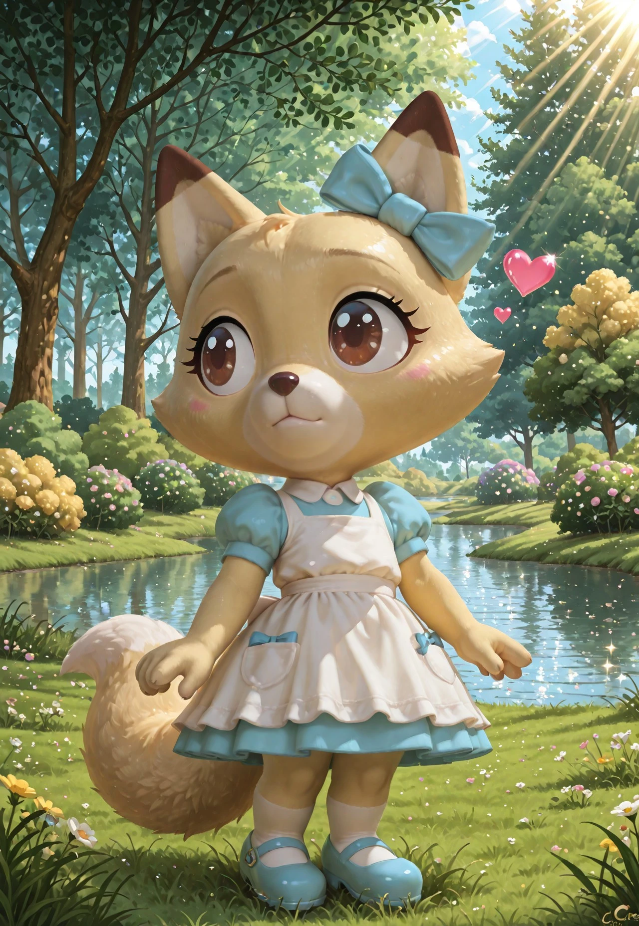 (cutecore, kawaiicore) 1girl, (anthro, furry, furry female) clarafox, fox, (yellow skin, yellow fur, bodyfur), yellow fox ears, brown eartips, white fox snout, dark brown nose, brown tailtip, big eyes, dot eyes, brown eyes, light blue and white collared apron dress, white peter pan collar, light blue puffy short sleeves, white long apron, light blue bow, hair_ribbon, ear ornament, ribbon tied around ear, light blue mary janes shoes, ((detailed scenery, detailed background)), outside, afternoon, verdant park, marsh, (verdant greenery, trees, lush bushes, grass, grassy lawn, wildflowers, water, lake, sunlight, sun rays, hearts, sparkles, glitter)