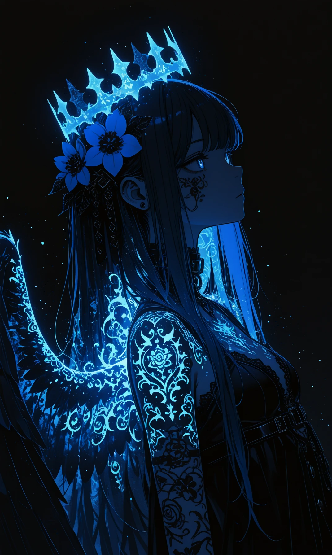 Gl9w, gothic angel in the dark blue color glow around it, tattoos, hair, 1girl, solo, wings, blue flower, flower, hair flower, hair ornament, from side, upper body, long hair, tattoo, feathered wings, black background, glowing patterns, glowing crown patterns, filters, dutch angle, dynamic angle,