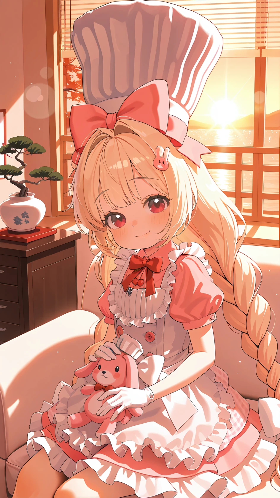 masterpiece, best quality, amazing quality,,newest, absurdres, highres,nsfw, ultra-detailed, stylized, nsfw, light particles,
<lora:crust-000040:0.8> , solo, long hair,r, blush , bangs, blonde hair, hair ornament, red eyes, gloves, hat, , dress, bow, animal ears, twintails, very long hair, braid, short sleeves,, hair bow, frills, puffy sleeves, white gloves, apron, red bow, twin braids, puffy short sleeves, , white headwear, frilled dress, , white bow, , pink dress, white apron, frilled apron, , food-themed hair ornament, rabbit hair ornament, chef hat,
absurdres, 1girl, solo, glossy lips, , two side up, head tilt, smile, , petting animal, stuffed animal, in lap, sitting on sofa, looking at viewer, looking aside, from side, indoors, bonsai tree, end tables, relaxing, warm tone, ((sunlight through venetian blinds)), porcelain collection, fancy paintings, dawn, morning, sunrise, ambient light, soft light, comiks,fgg, no lineart, flat color,
, <lora:add-detail-xl:0.8>, <lora:illustrious_flat_color_v2:1>, masterpiece,best quality,amazing quality,
