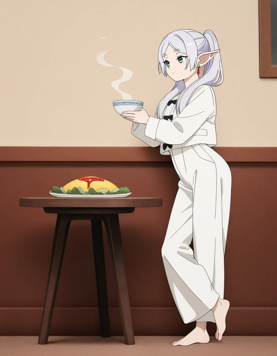 masterpiece,best quality,amazing quality,very aesthetic,high resolution,ultra detailed,perfect details,anime coloring,Banquet,
1girl,standing,dynamic pose,<lora:mai_white_jacket:1>,mai_white_jacket,black_bow,white_pants,baggy_pants,barefoot,
<lora:Frieren_v1.0_illustrious:1>,frieren,flat ,