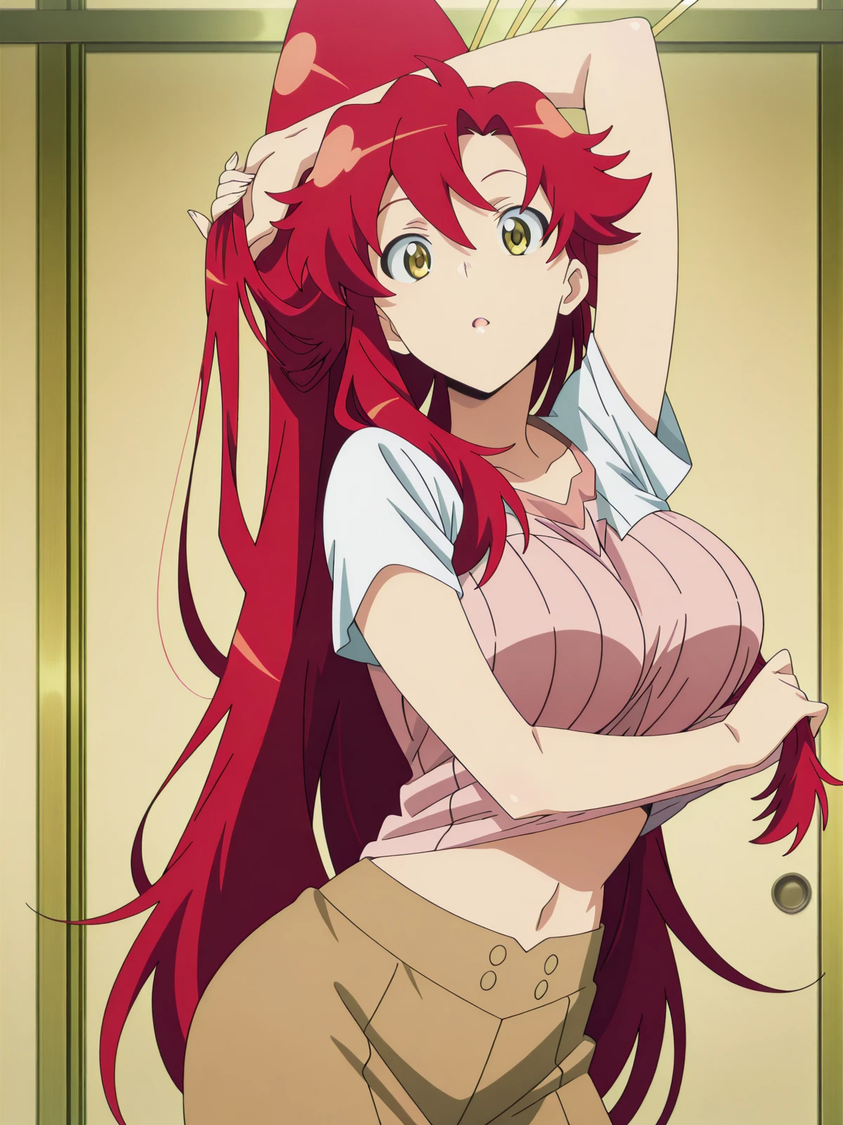 masterpiece, best quality, amazing quality,, <lora:yoko-littner-s1-illustriousxl-lora-nochekaiser:1>, yoko littner, long hair, hair ornament, ponytail, red hair, mature female, large breasts, anime screencap, <lora:senjougaharahitagi-arm-up-pose-illustriousxl-lora-nochekaiser:1>, senjougaharahitagi arm up pose, solo, looking at viewer, open mouth, cowboy shot, parted lips, arm up, shirt lift, holding hair,, , ,