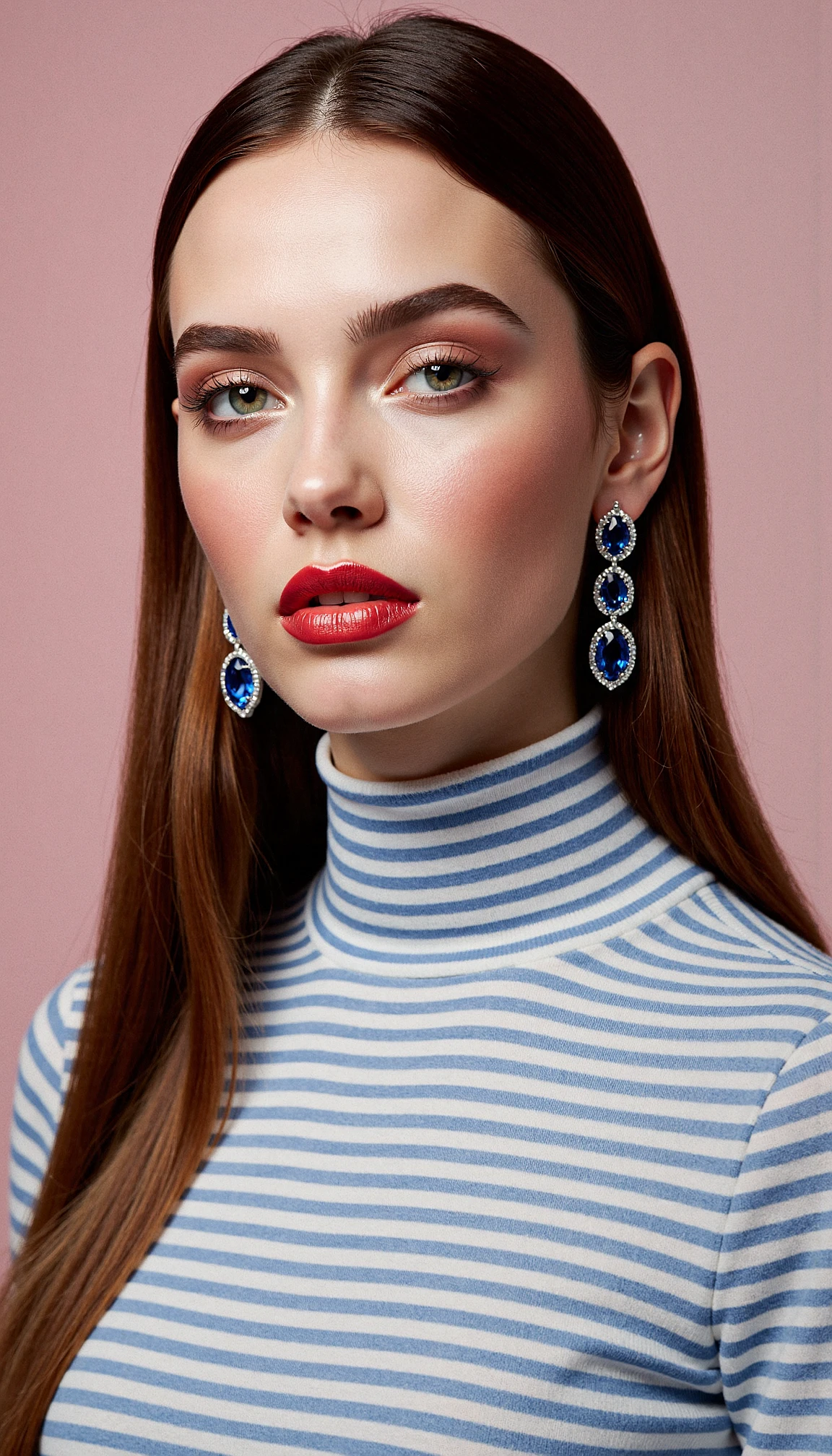 fashionportrait. A close-up photograph of a young woman with smooth silky skin and long brown hair, wearing a white and blue striped turtleneck sweater. She has a slender build and is wearing large, sparkling blue gemstone earrings. Her lips are painted with red lipstick. The background is a plain, light pink color. The lighting is soft and even, highlighting her Perfect porcelain skin.