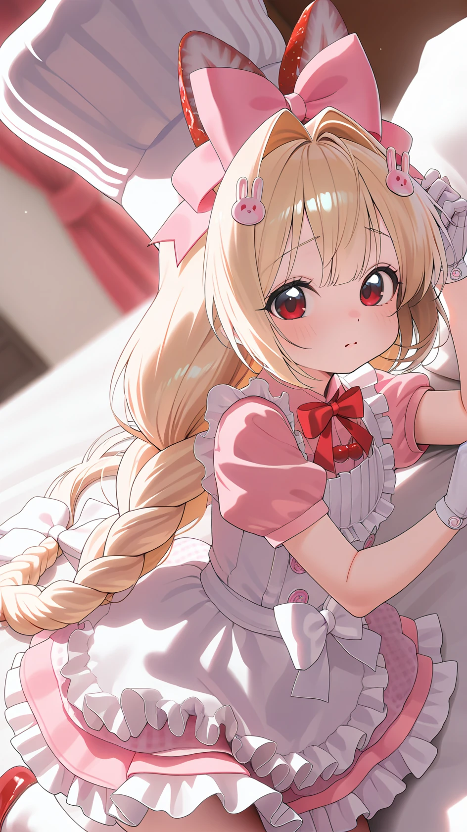 masterpiece, best quality, very high quality, ultra detailed, plain background, masterpiece, , (blurred background,), ray tracing, more details, masterpiece, best quality, ultra-detailed, 8k, hyper-detailed skin,
, very aesthetic, anime coloring, screencap, anime screencap, , looking at viewer, on bed, lying on bed,,, , shy, lying,
<lora:crust-000040:0.8> , solo, long hair,r, blush , bangs, blonde hair, hair ornament, red eyes, gloves, hat, , dress, bow, animal ears, twintails, very long hair, braid, short sleeves,, hair bow, frills, ,, puffy sleeves, white gloves, apron, red bow, twin braids, puffy short sleeves, , white headwear, frilled dress, , white bow, , pink dress, white apron, frilled apron, , food-themed hair ornament, rabbit hair ornament,, chef hat,,, masterpiece,best quality,amazing quality,