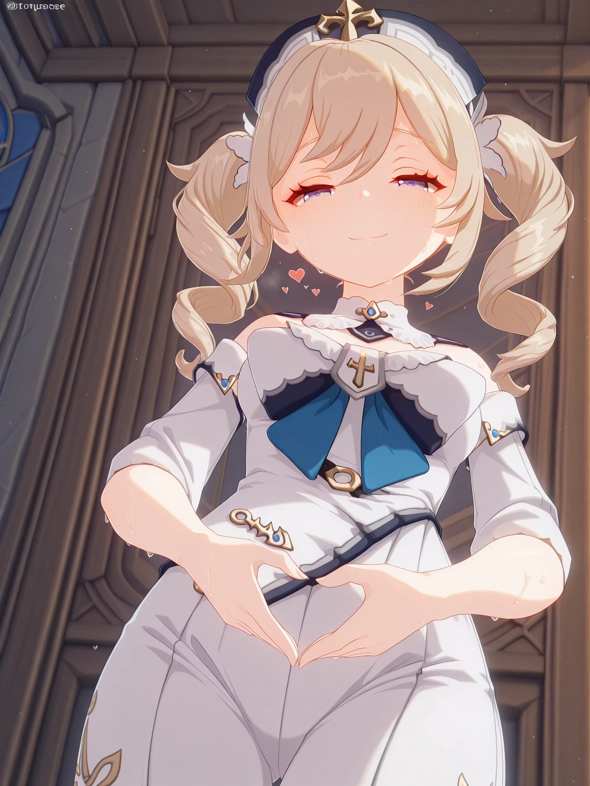 masterpiece, best quality, amazing quality,, <lora:genshin-barbara-ingame-illustriousxl-lora-nochekaiser:1>, barbara, barbara (genshin impact), long hair, bangs, blue eyes, blonde hair, hair between eyes, twintails, sidelocks, drill hair, light brown hair, twin drills, mature female, medium breasts, 3d,, <lora:uterus-pose-illustriousxl-lora-nochekaiser:1>, uteruspose, solo, looking at viewer, blush, smile, closed mouth, standing, heart, cowboy shot, sweat, heart hands, torogao, half-closed eyes, from below, looking down,, , ,